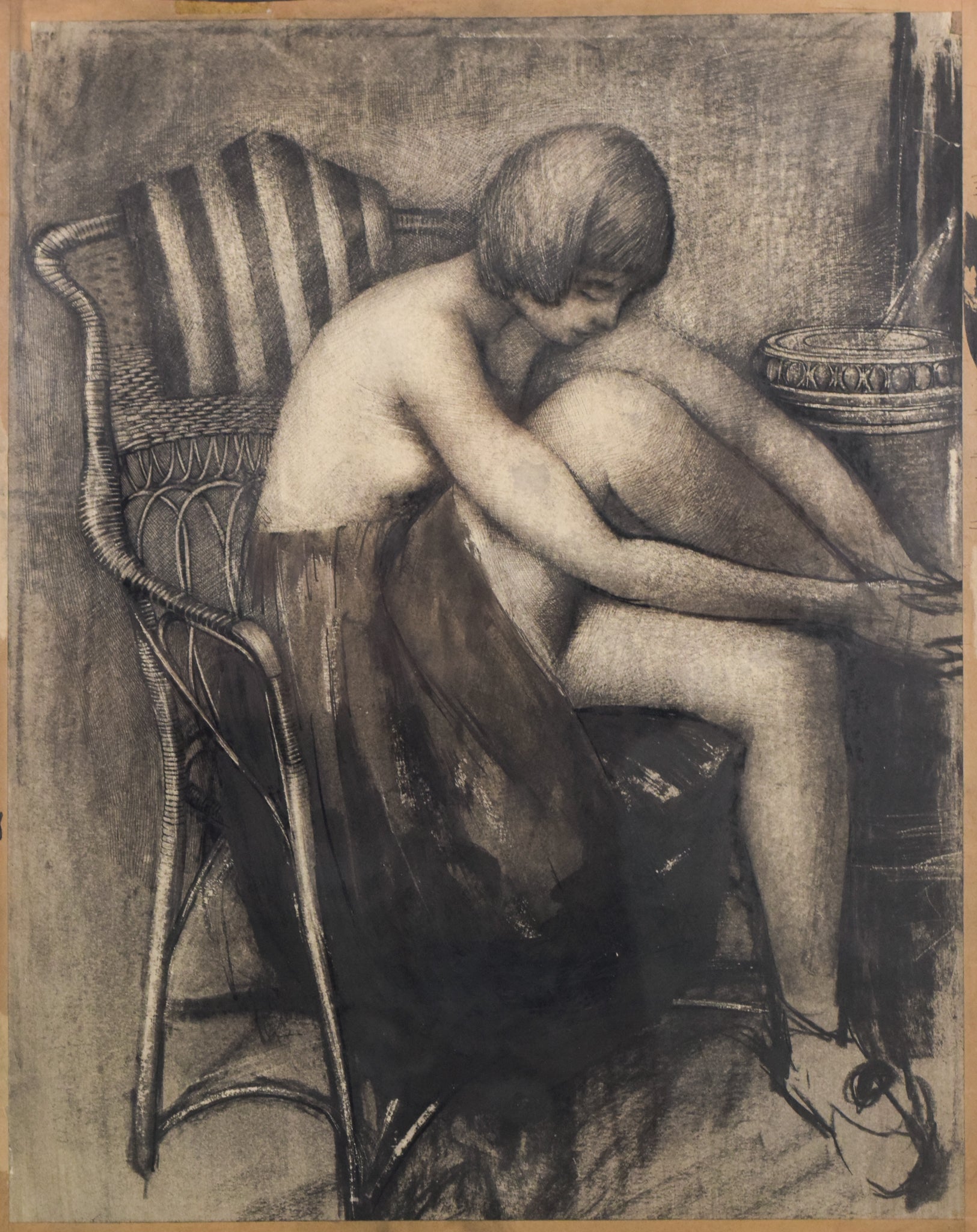 A drawing of a woman sitting in a chair.