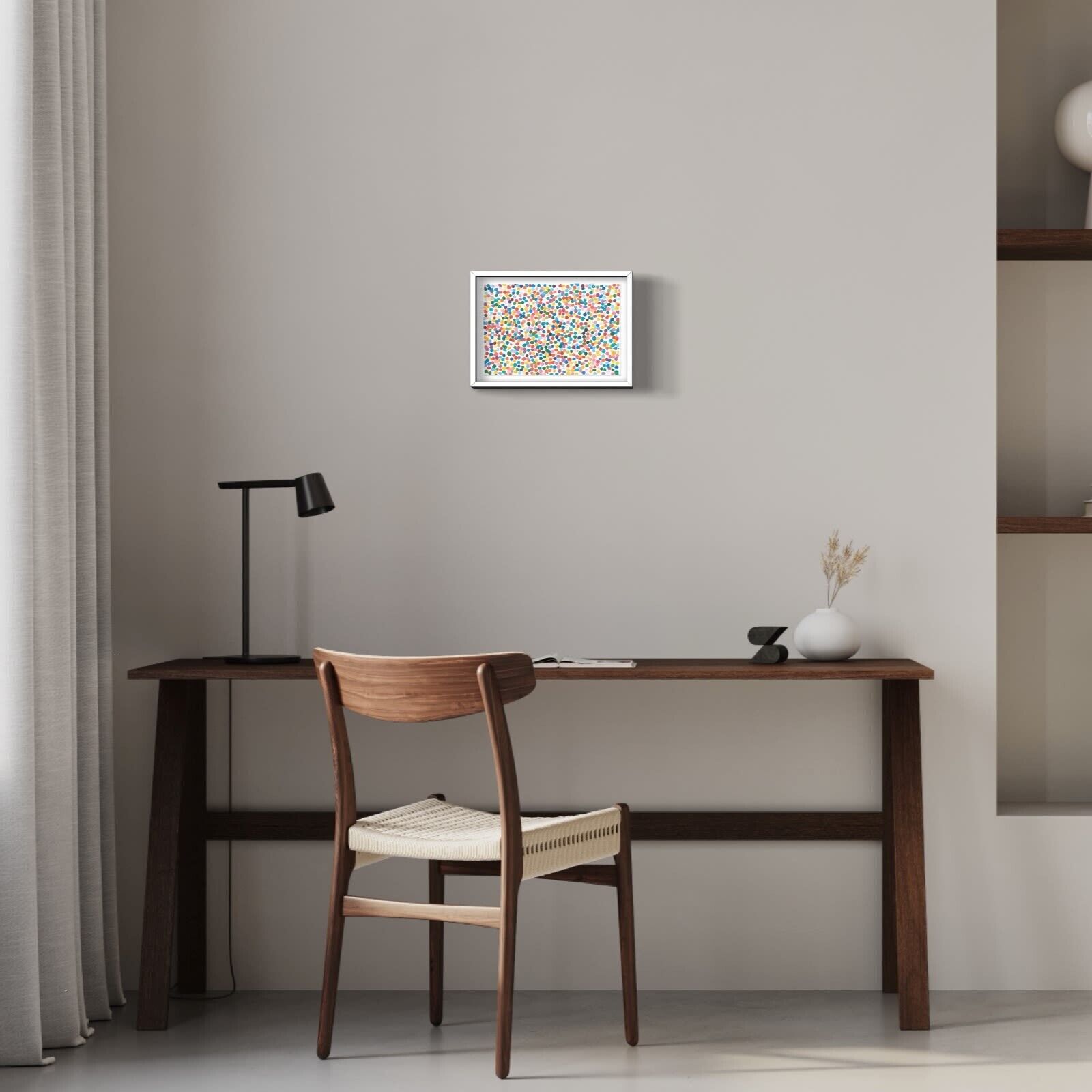 A picture of a colorful polka dot pattern on a white wall.