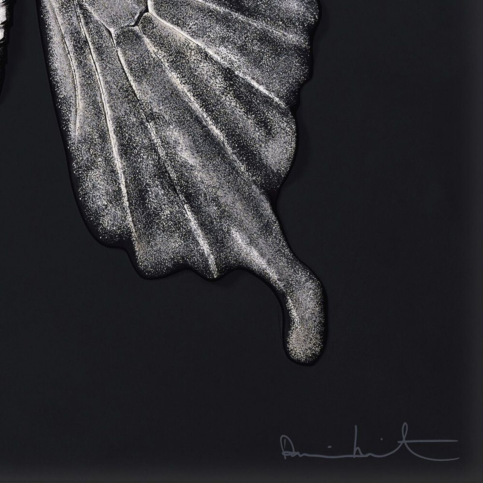 A black and white drawing of a butterfly on a black background.