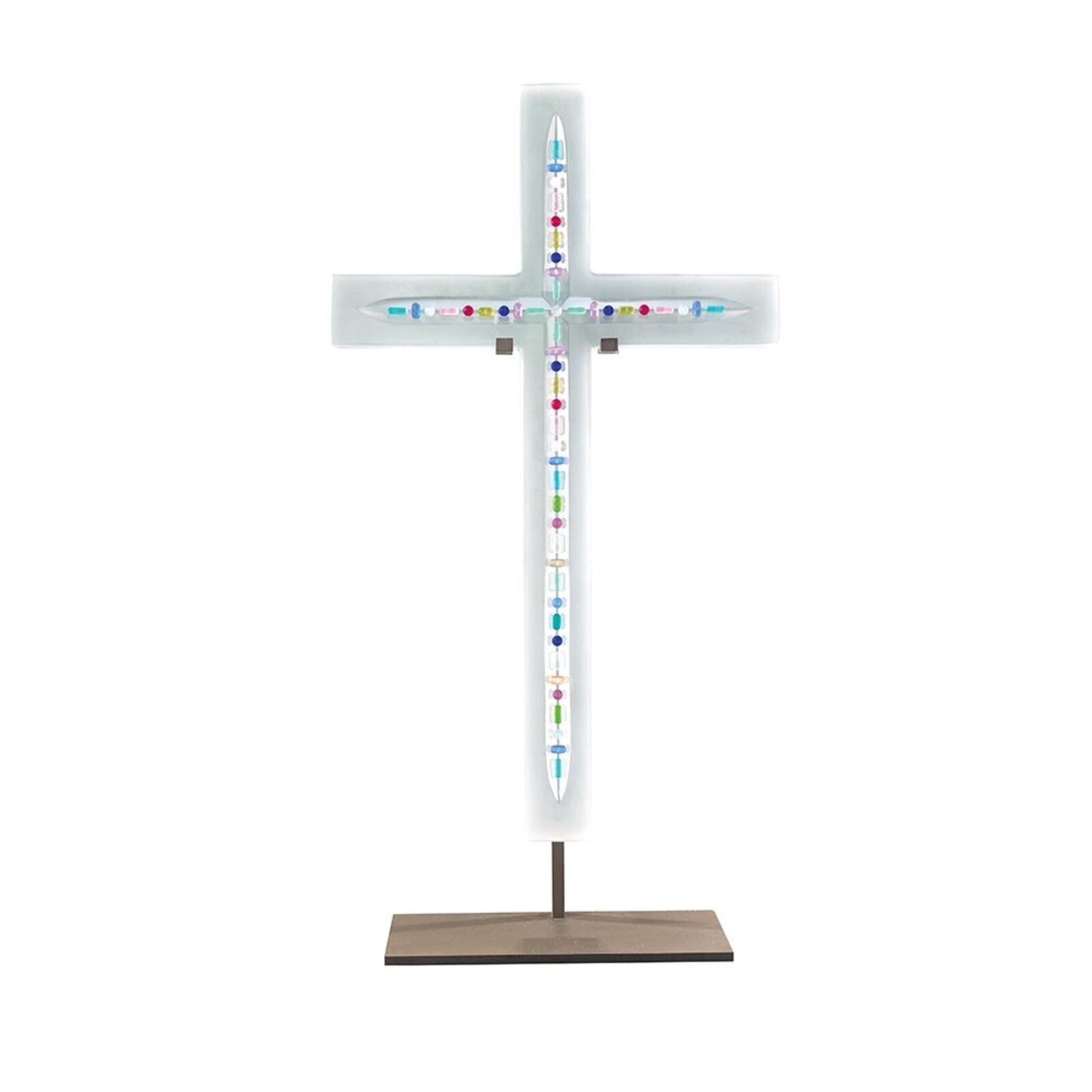 A white cross on a wooden stand with a white background.