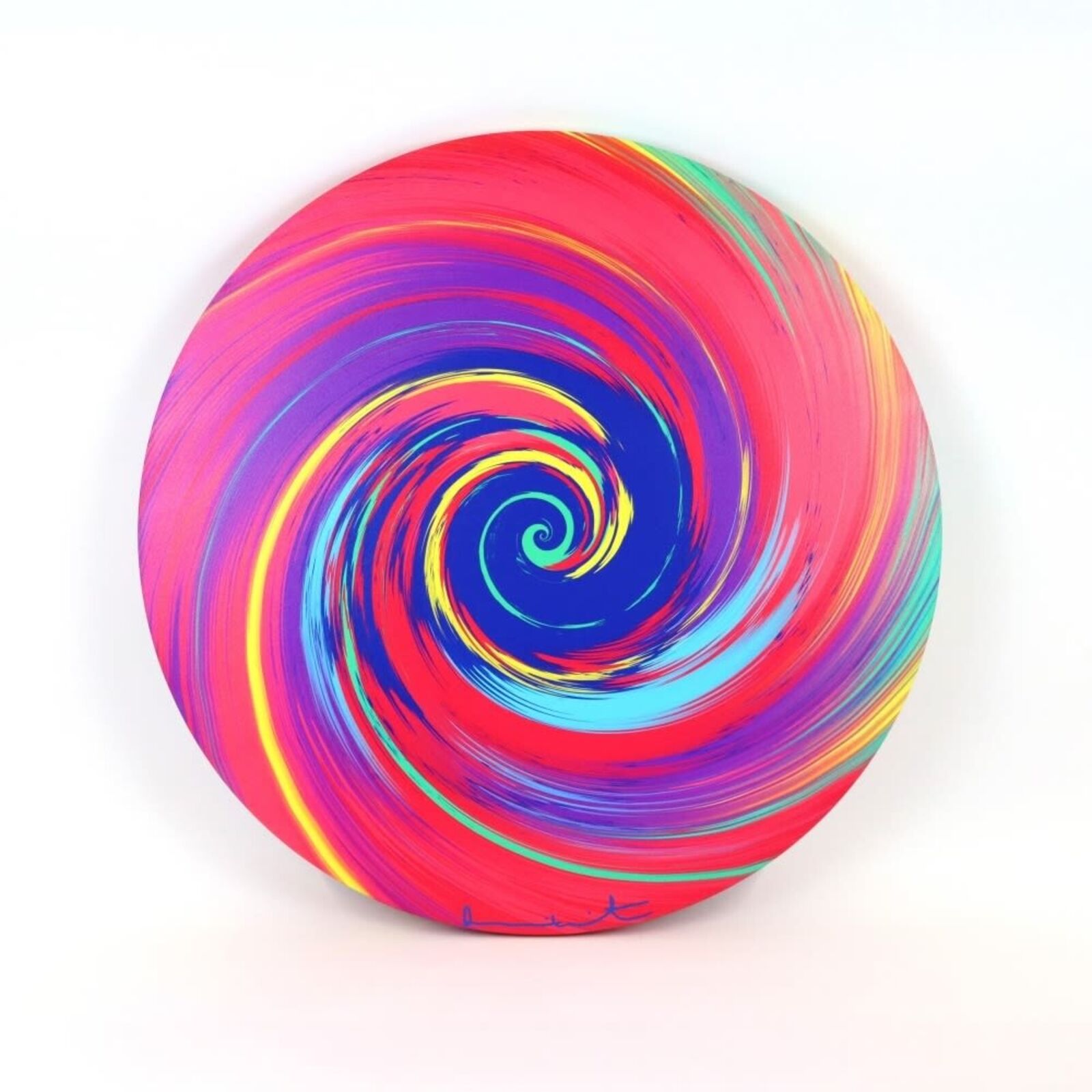 A colorful painting of a spiral design on a white background.