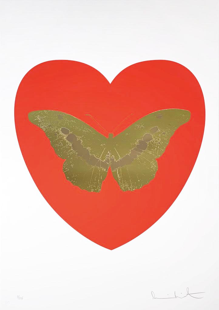 Artwork by Damien Hirst, I Love You – Red/Oriental Gold/Cool Gold, Made of Silkscreen and 2 color foil block prints on Somerset Satin 
