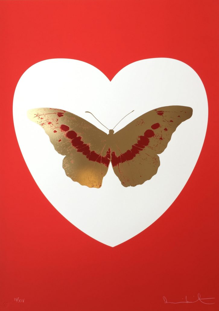 Artwork by Damien Hirst, I Love You – White/Red/Cool Gold/Poppy Red, Made of Silkscreen and 2 color foil block prints on Somerset Satin 