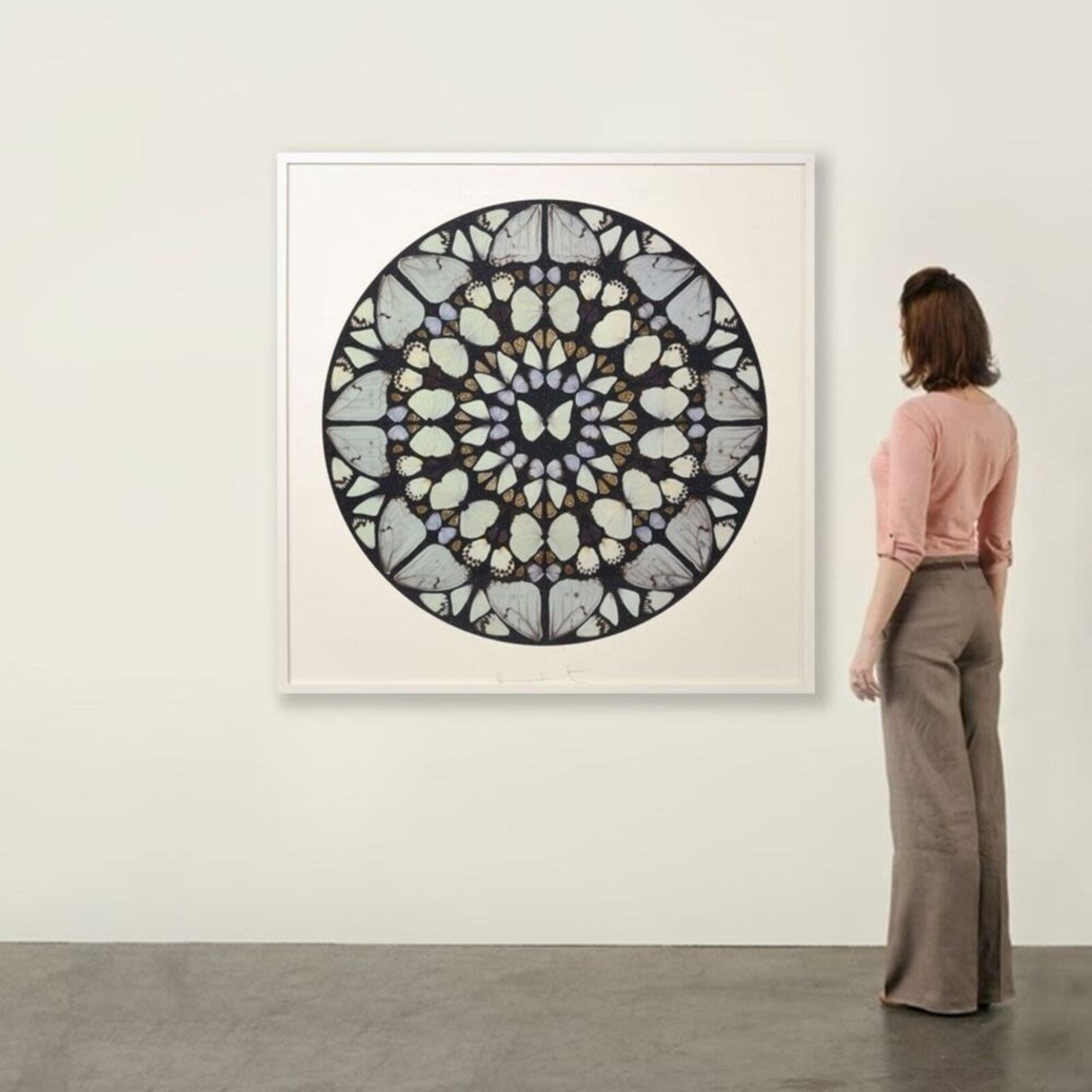 A picture of a circular pattern of butterflies on a white wall.