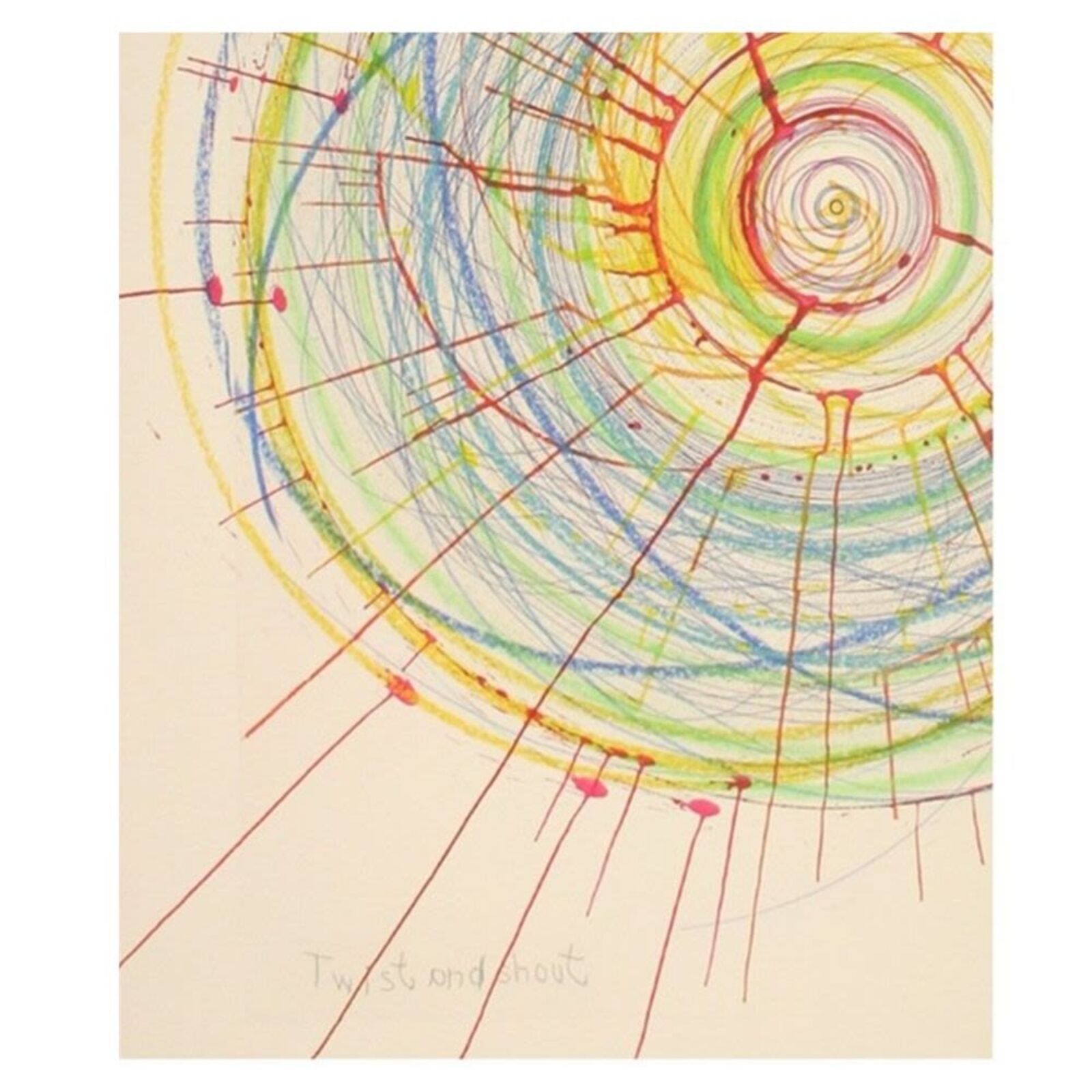 A picture of a drawing of a spiral design on a wall.