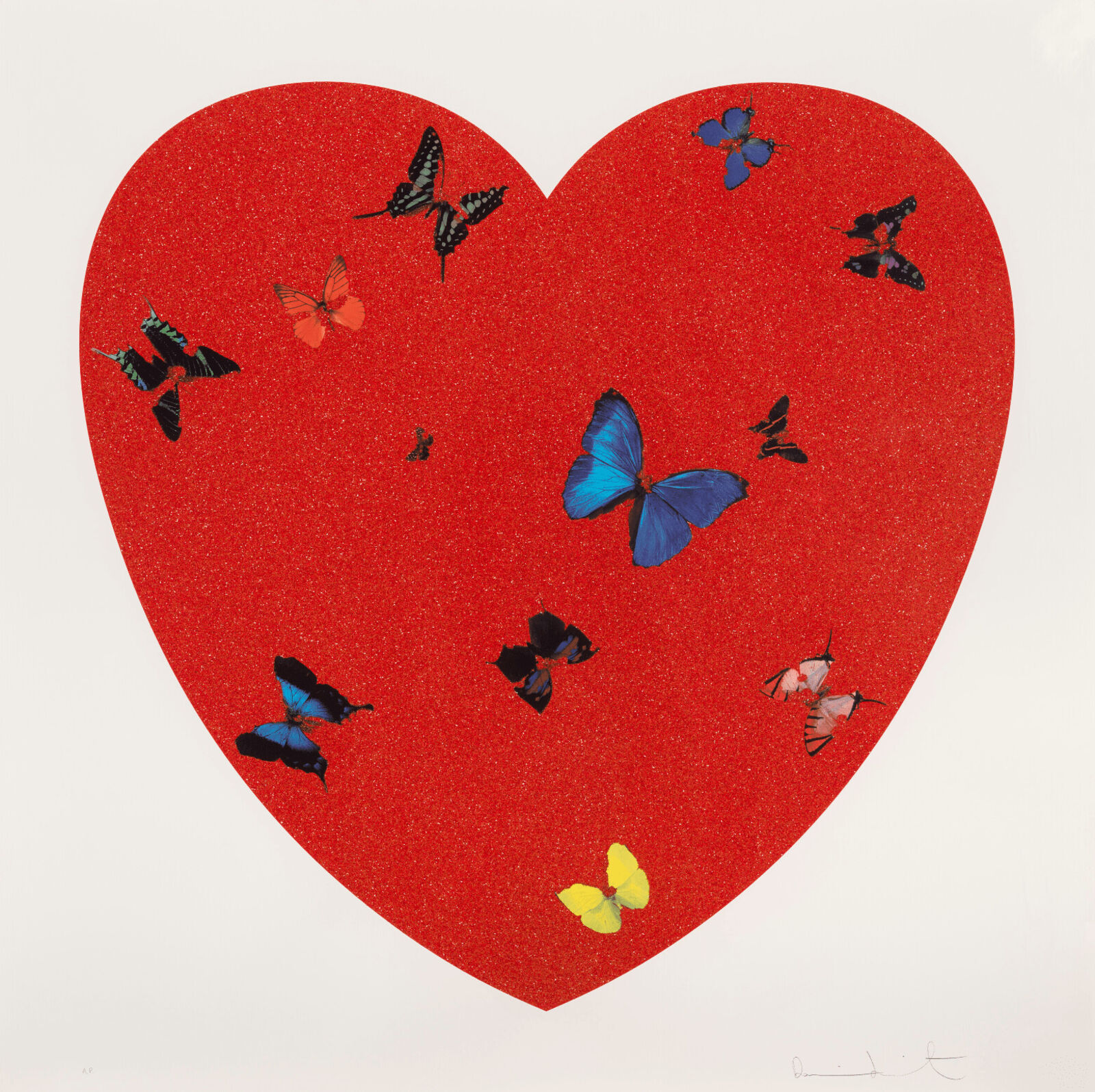 A red heart with butterflies flying around it.