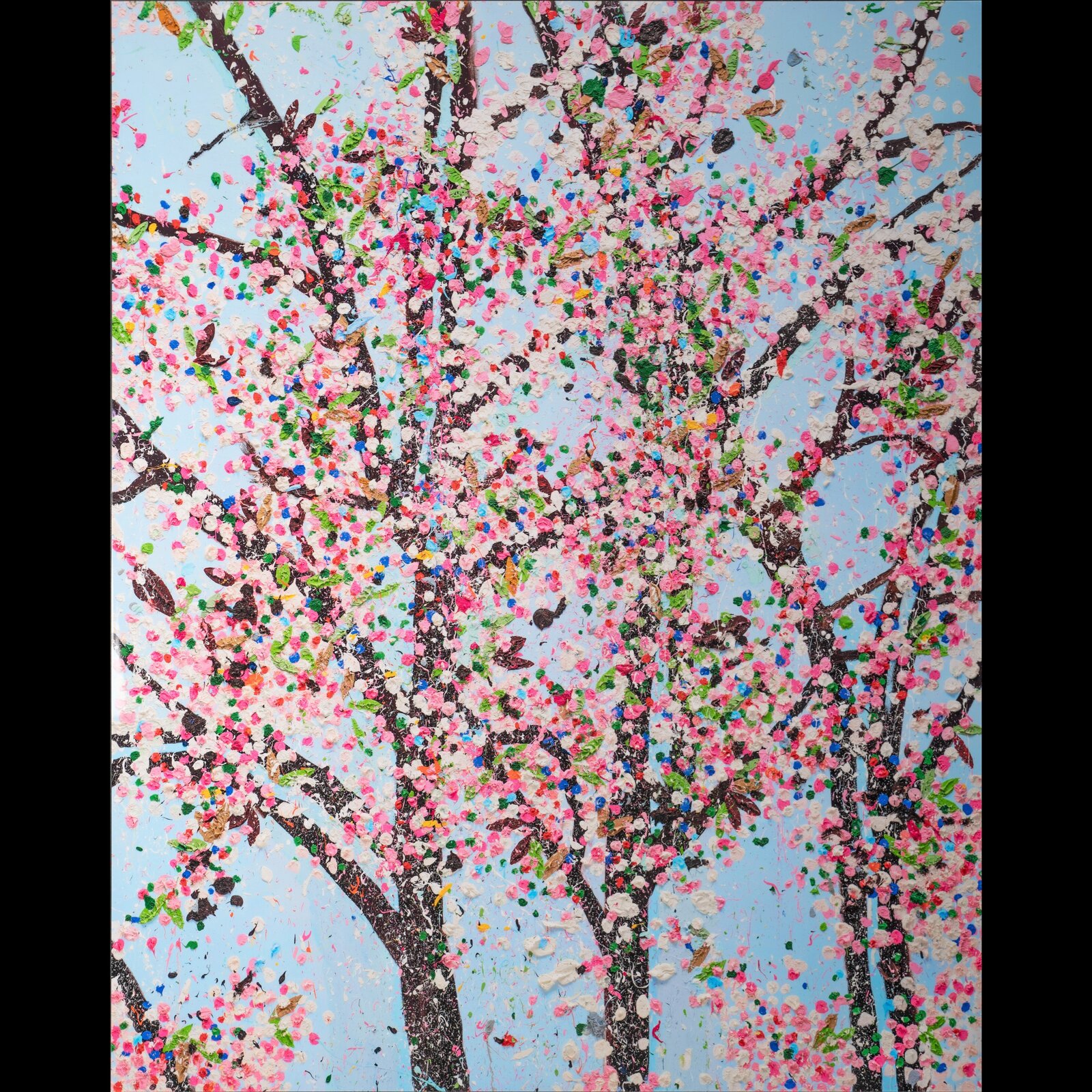 A colorful, textured painting of blooming trees against a light blue sky.