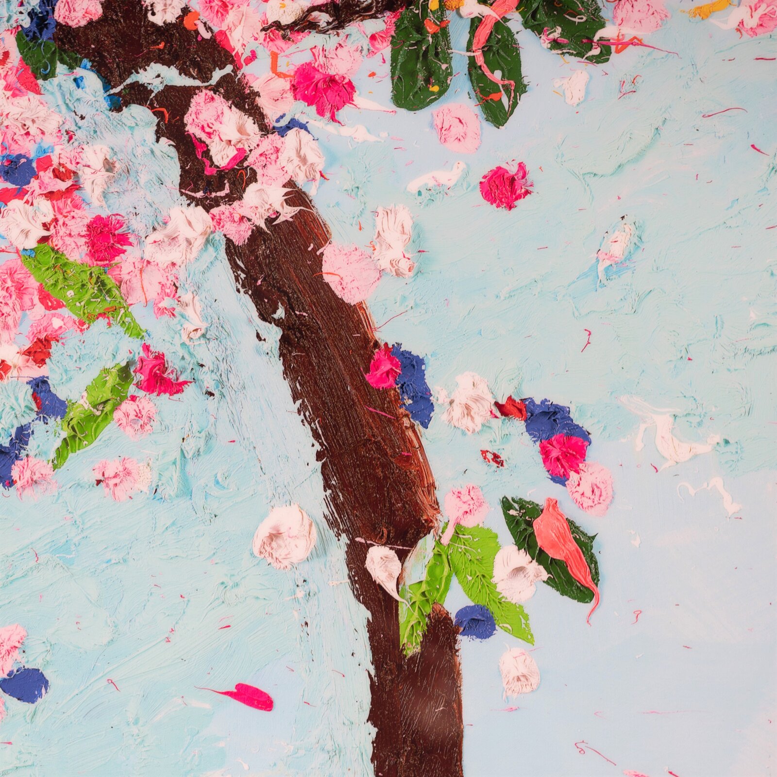 A colorful, textured painting of blooming trees against a light blue sky.