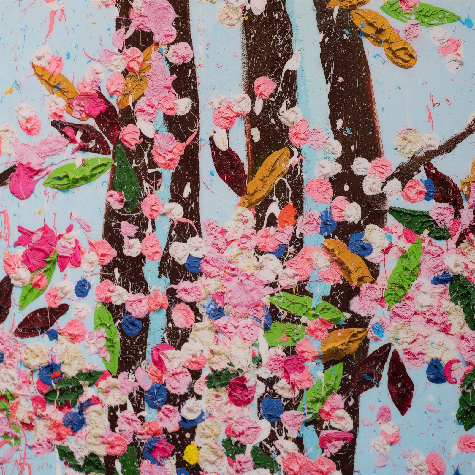 A colorful, textured painting of blooming trees against a light blue sky.