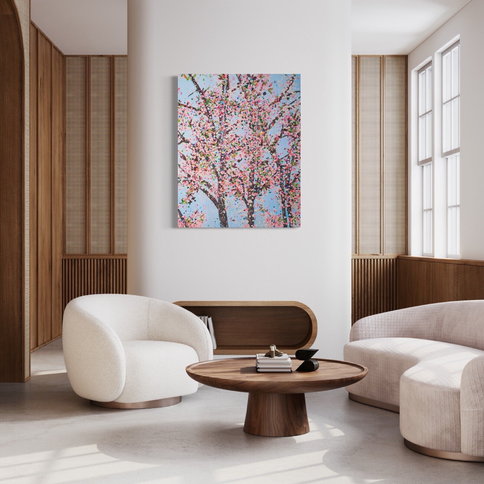 A colorful, textured painting of blooming trees against a light blue sky.