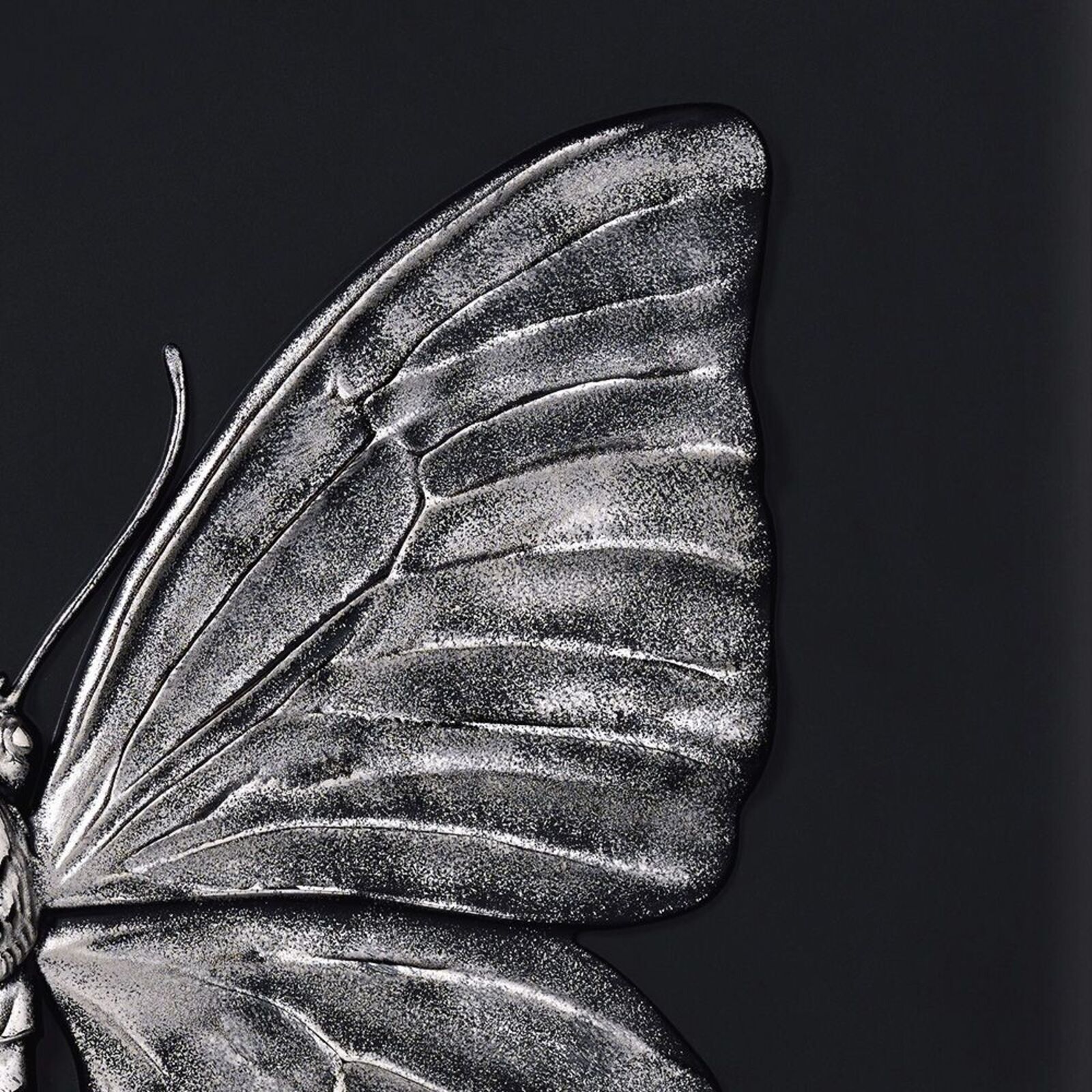 A black and white drawing of a butterfly on a black background.