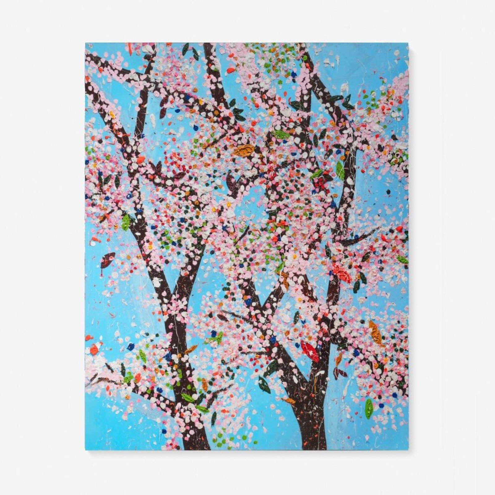 A multi-panel artwork featuring blooming trees against a bright blue sky.