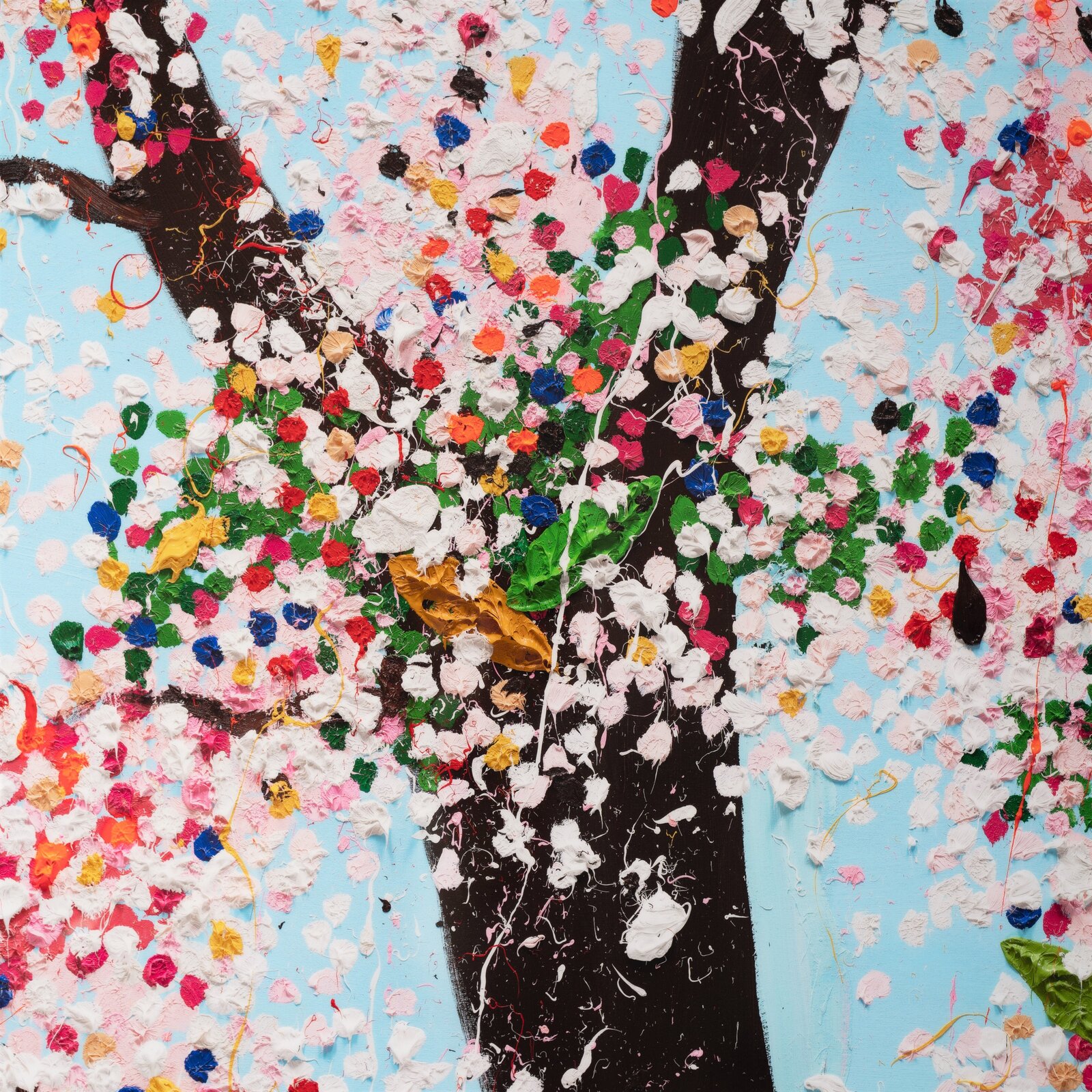 A multi-panel artwork featuring blooming trees against a bright blue sky.