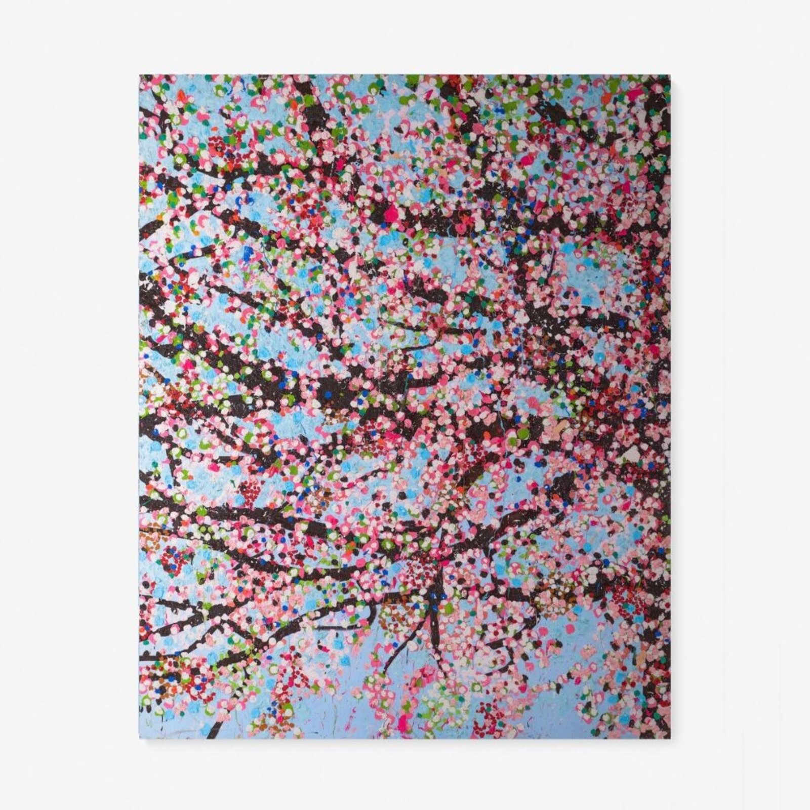 A multi-panel artwork featuring blooming trees against a bright blue sky.