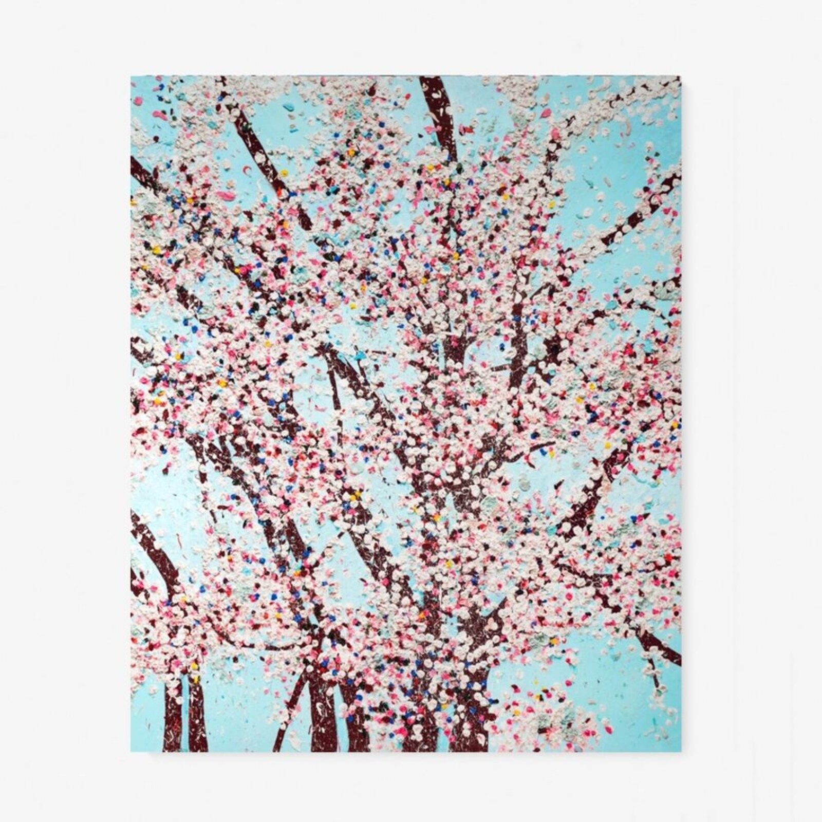 A multi-panel artwork featuring blooming trees against a bright blue sky.
