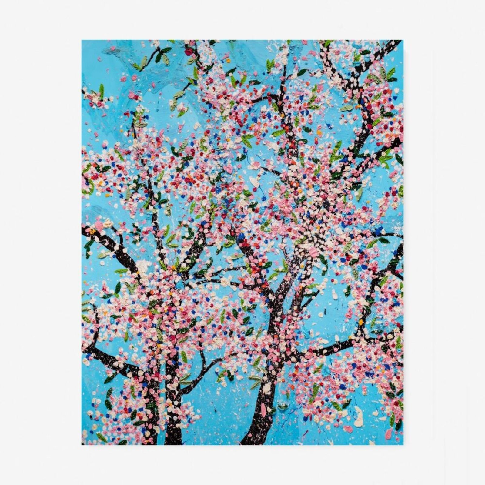 A multi-panel artwork featuring blooming trees against a bright blue sky.