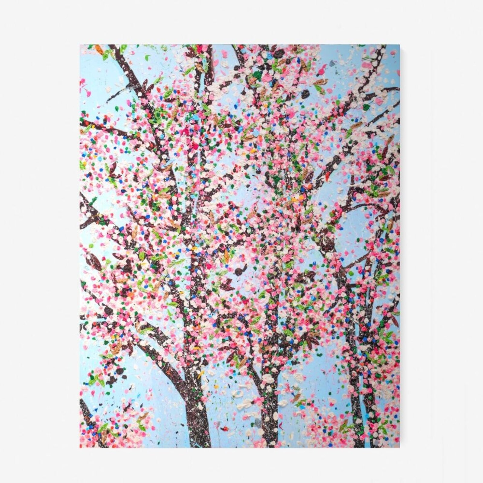 A multi-panel artwork featuring blooming trees against a bright blue sky.