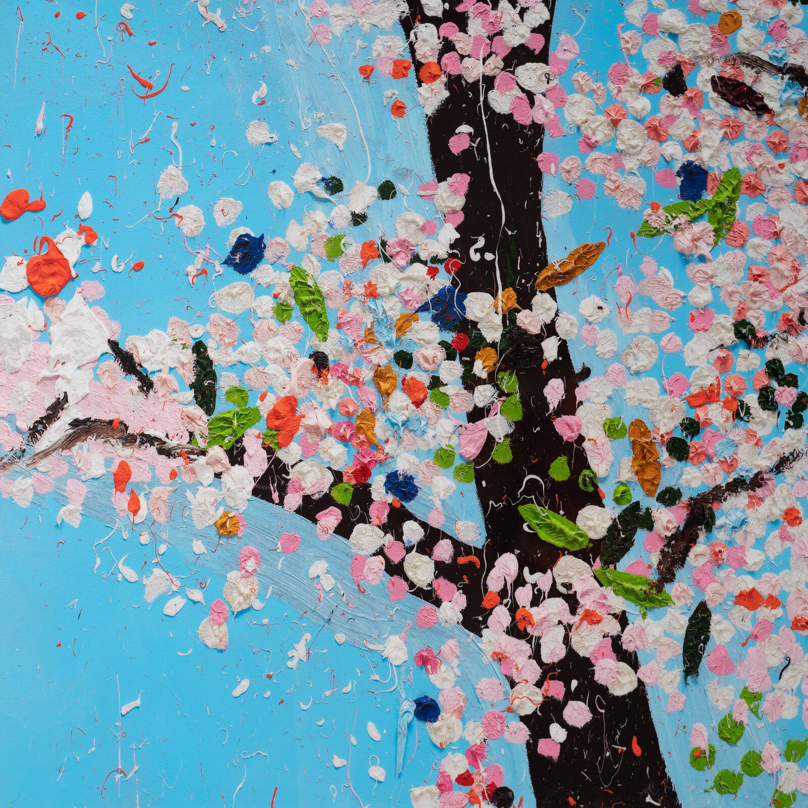 A multi-panel artwork featuring blooming trees against a bright blue sky.