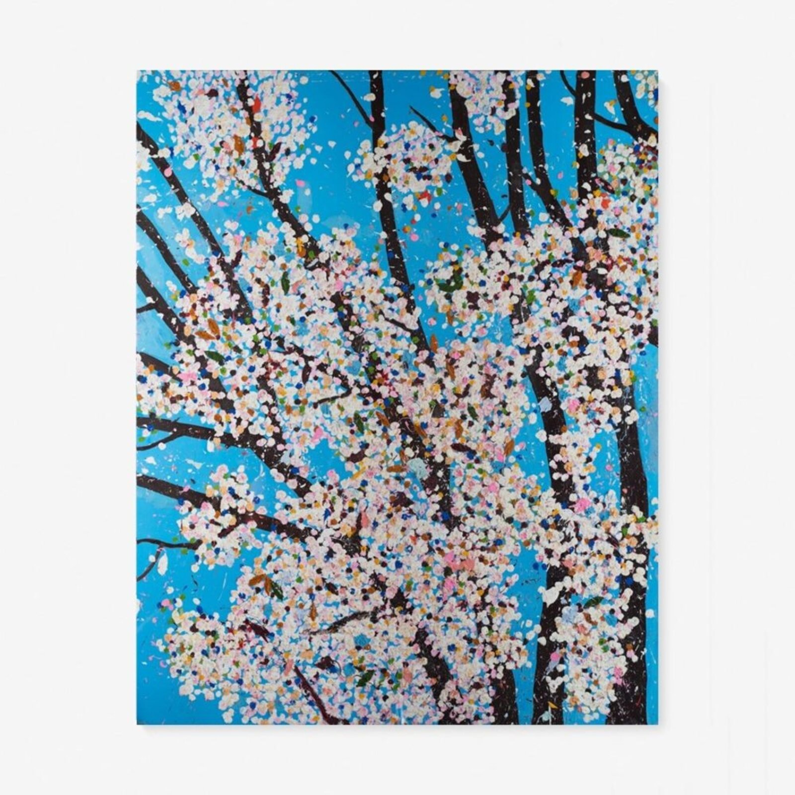 A multi-panel artwork featuring blooming trees against a bright blue sky.