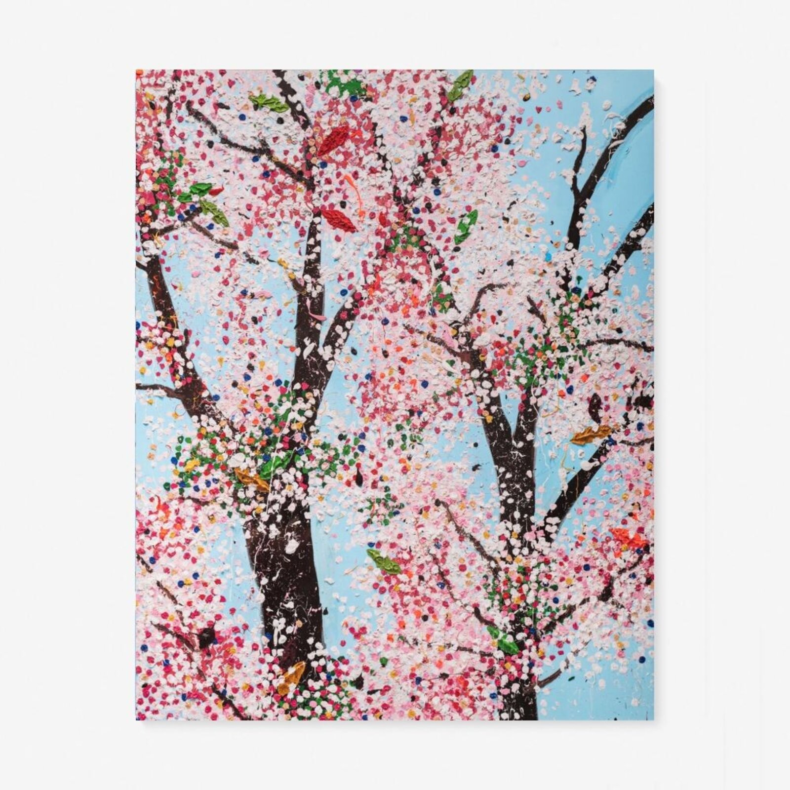 A multi-panel artwork featuring blooming trees against a bright blue sky.