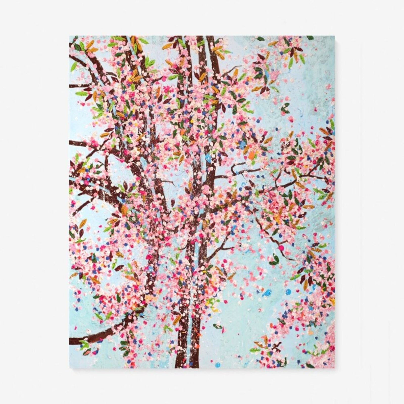 A multi-panel artwork featuring blooming trees against a bright blue sky.