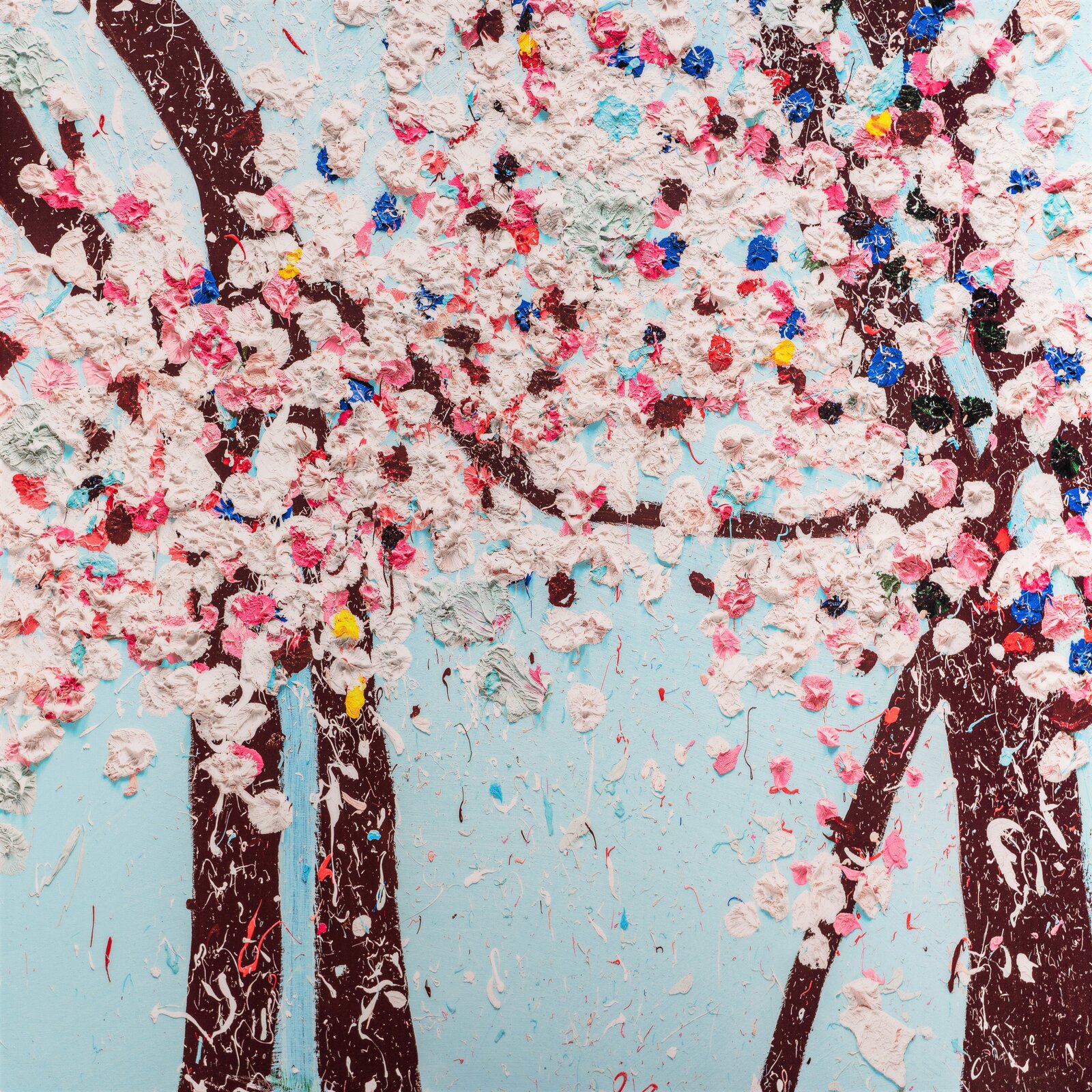 A multi-panel artwork featuring blooming trees against a bright blue sky.