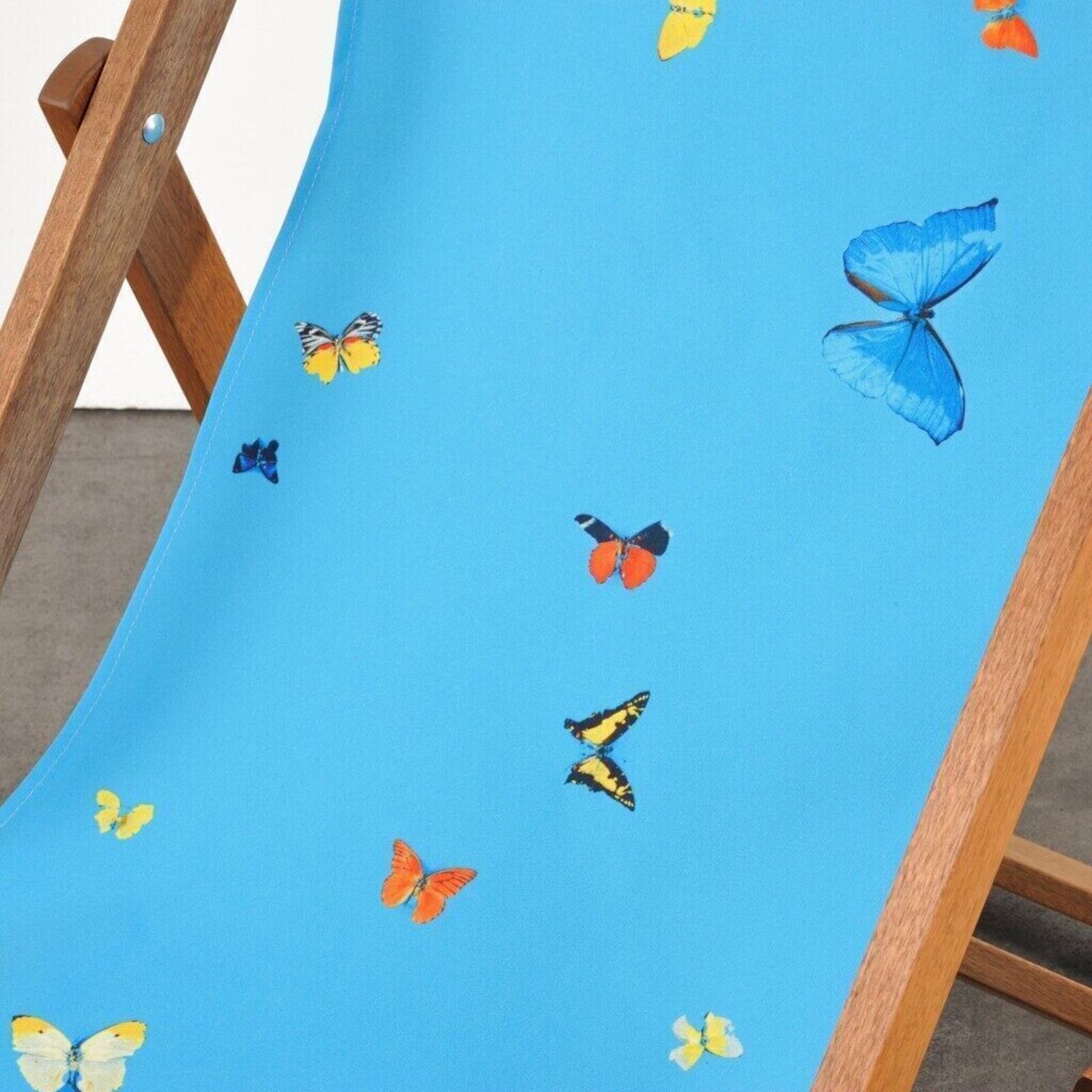 Artwork by Damien Hirst, Deckchair (Blue), Made of Merpauh timber frame and sail cloth fabric 