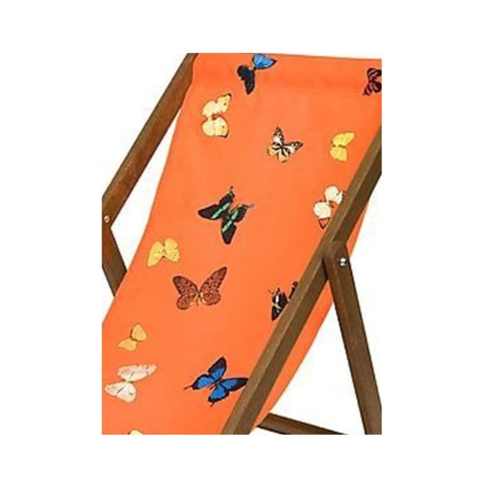 A wooden deck chair with butterflies on an orange background.