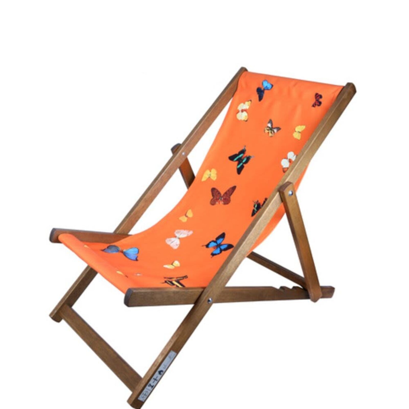 A wooden deck chair with butterflies on an orange background.