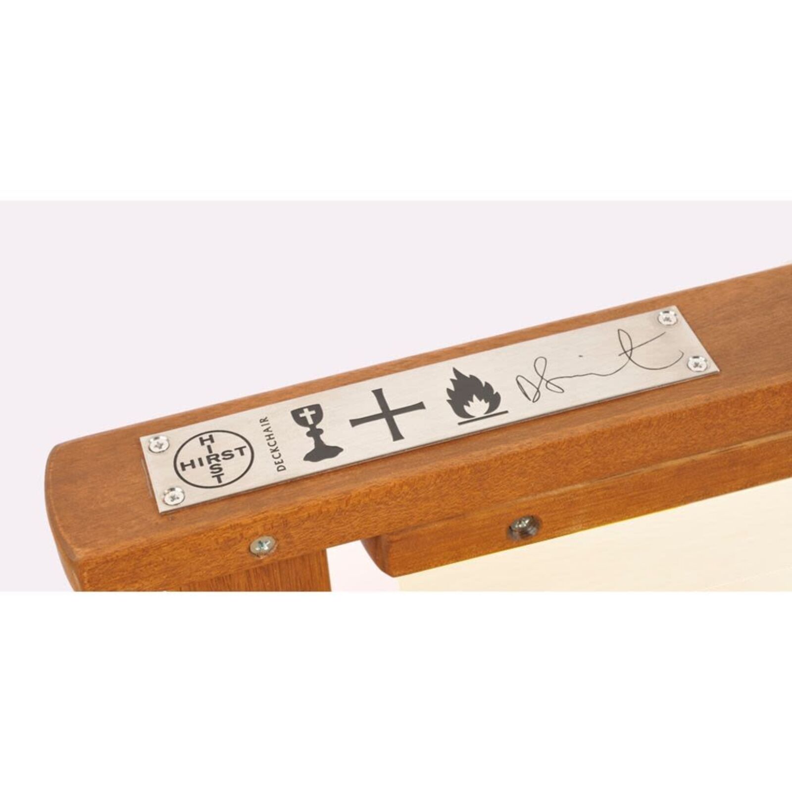 A wooden deck chair with butterflies on an orange background.