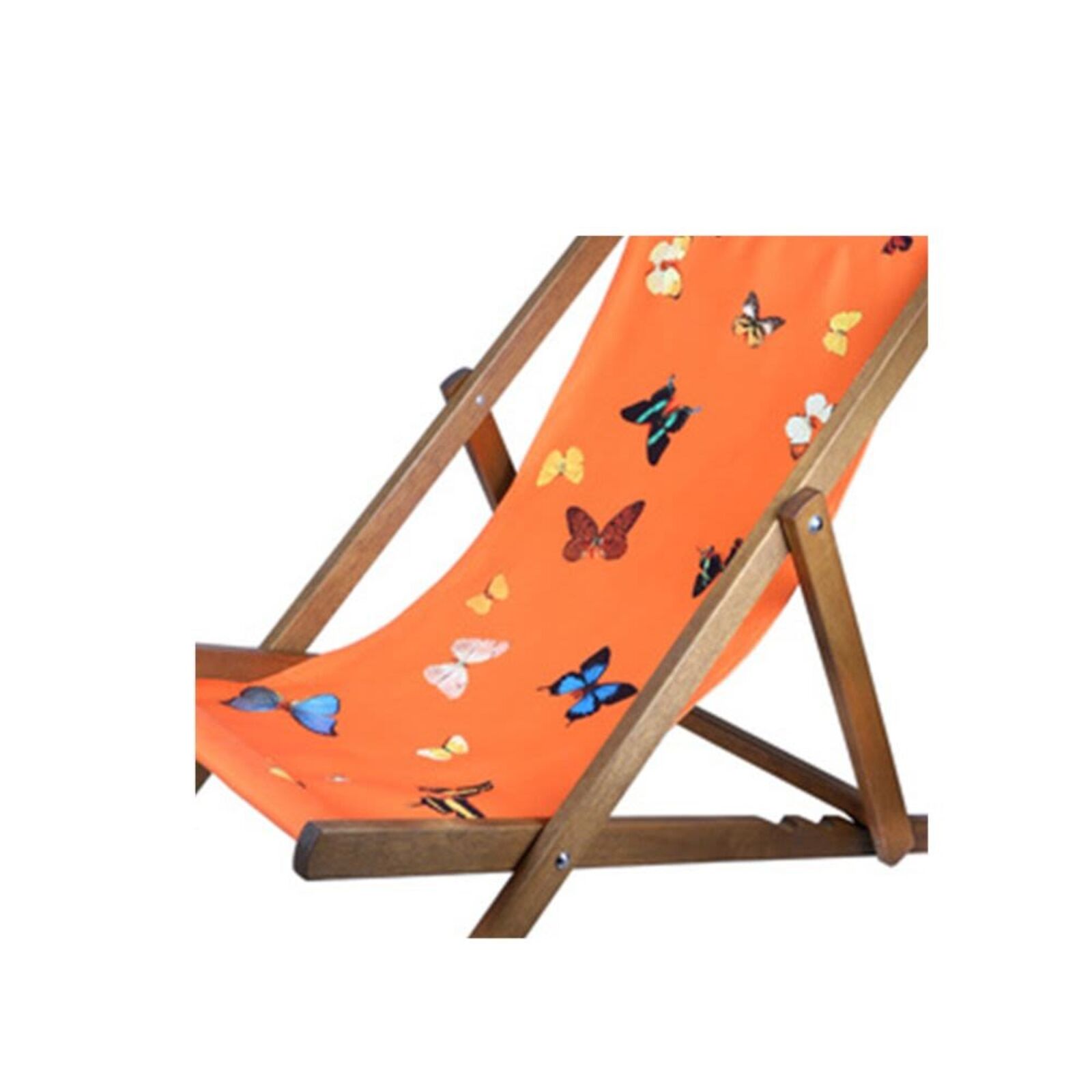 A wooden deck chair with butterflies on an orange background.