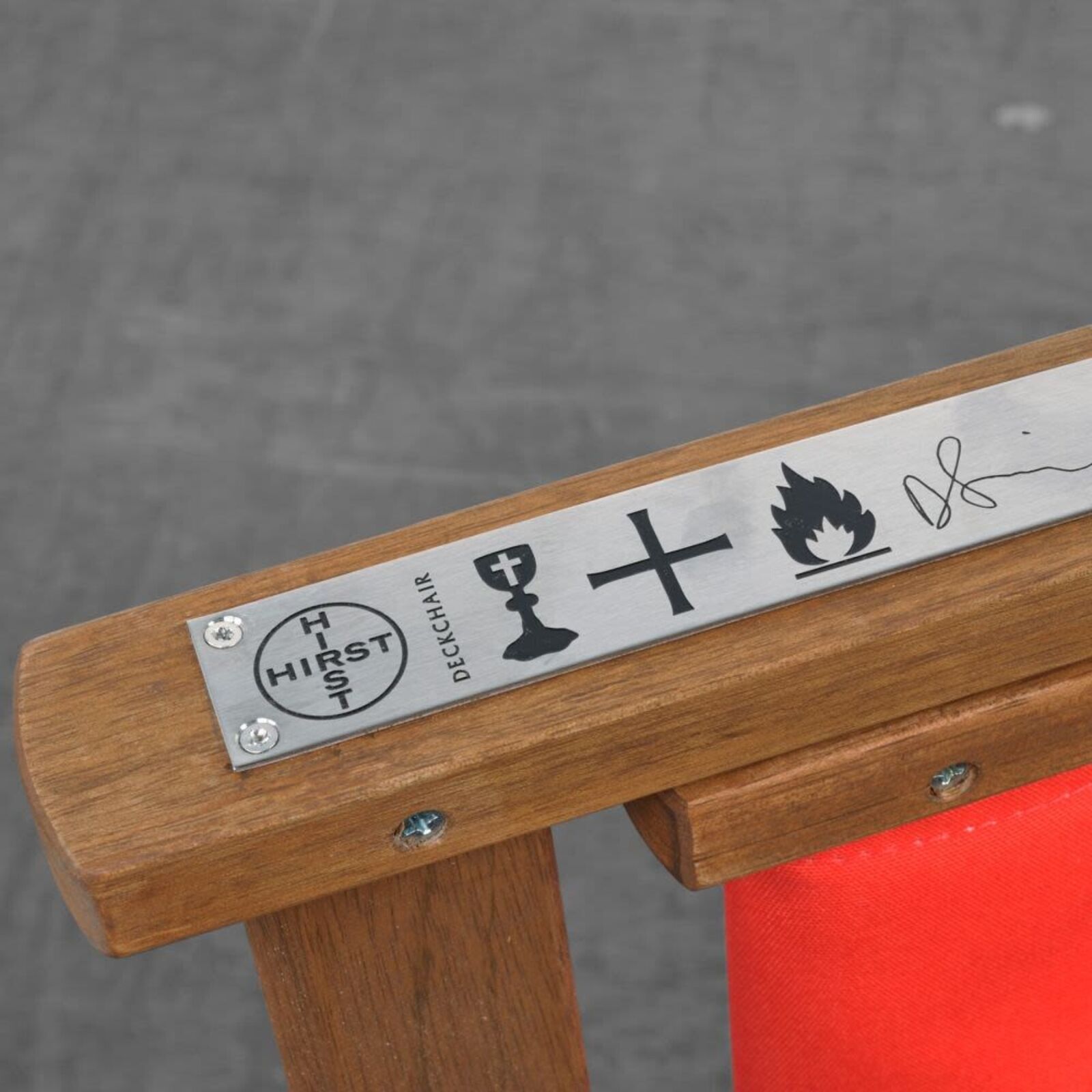 Artwork by Damien Hirst, Deckchair (Red), Made of Merpauh timber frame and sail cloth fabric 