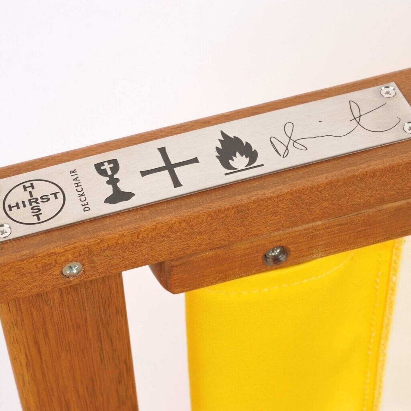 Artwork by Damien Hirst, Deckchair (Yellow), Made of Merpauh timber frame and sail cloth fabric 