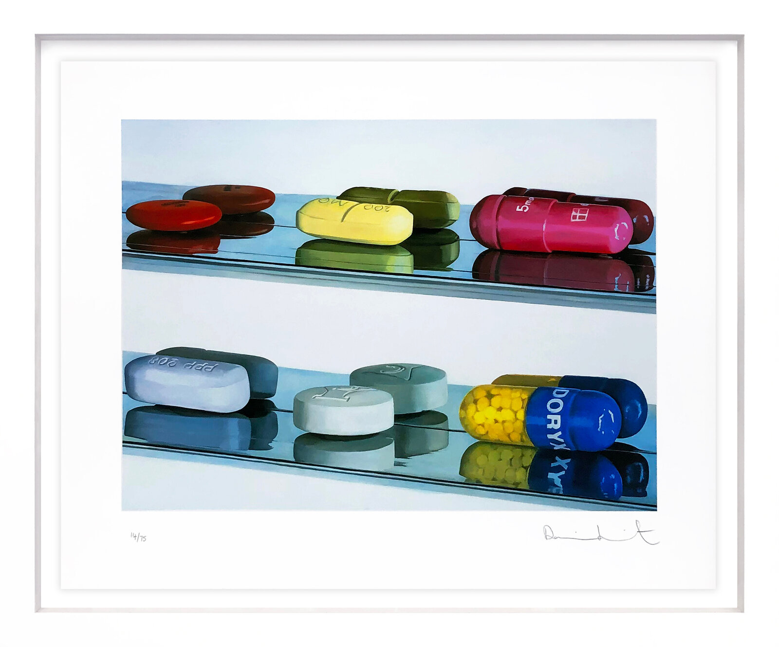 A hyper-realistic still life of colorful pills arranged on reflective glass shelves.
