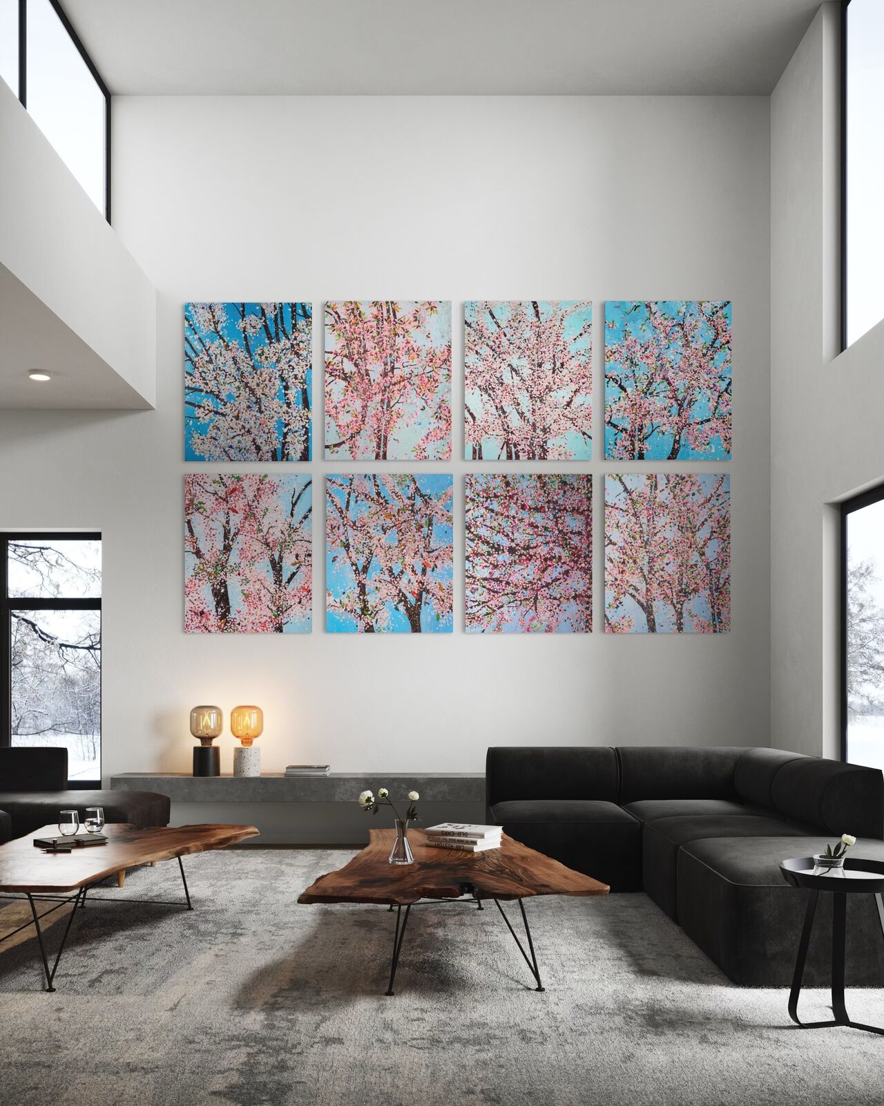 A living room filled with furniture and a large painting.