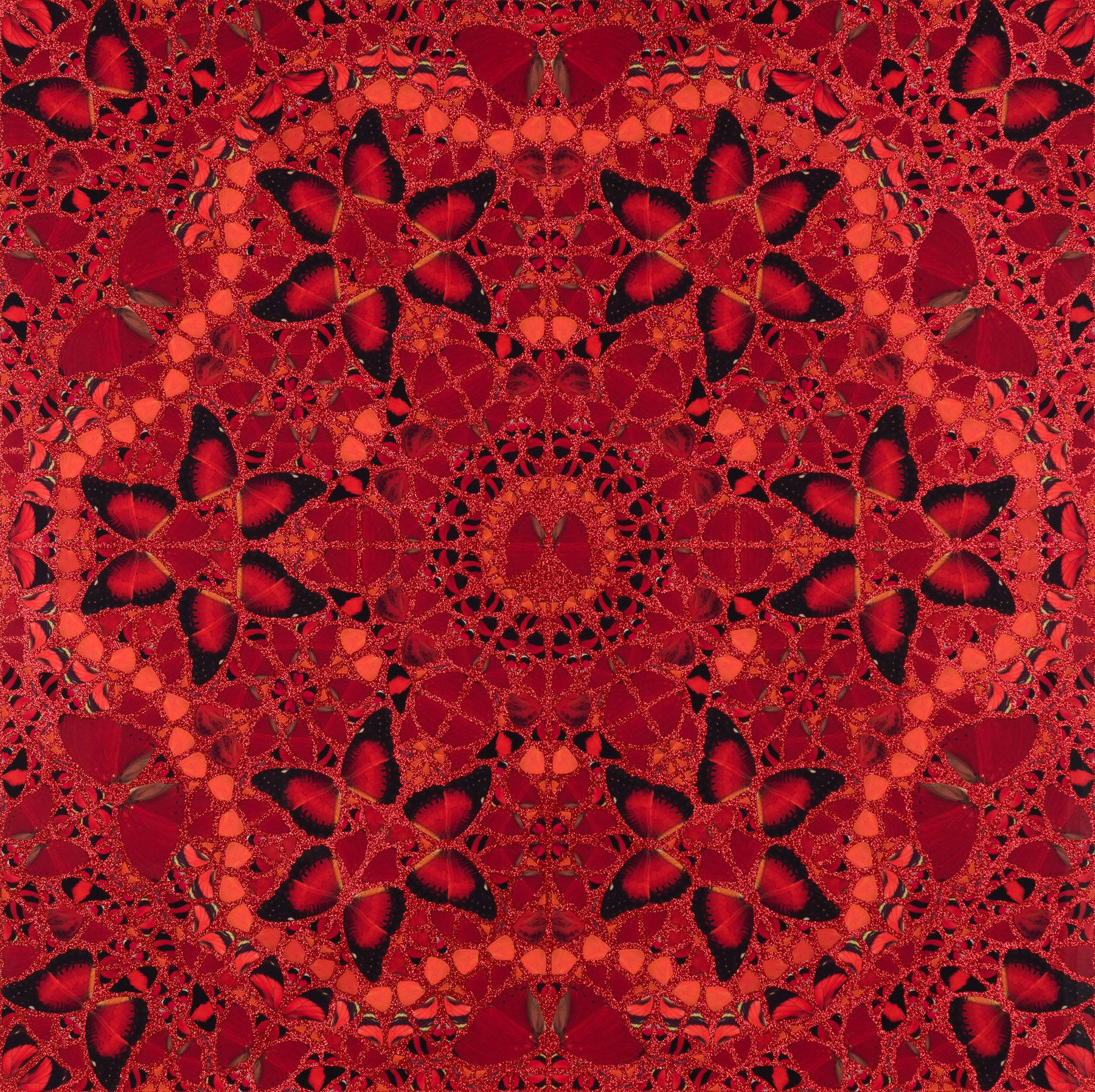 A red and black pattern of butterflies on a red background.