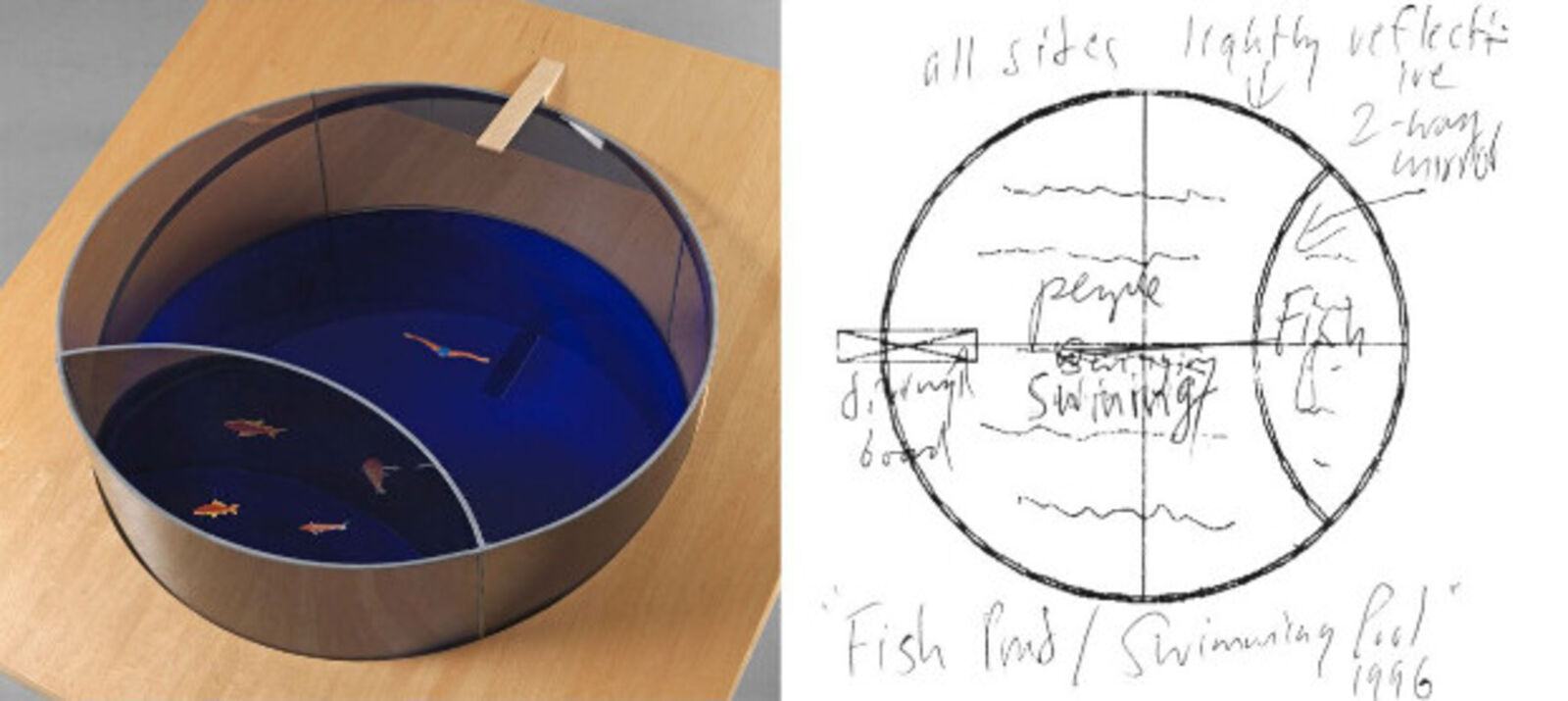 A drawing of a fish pond and a drawing of an aquarium.