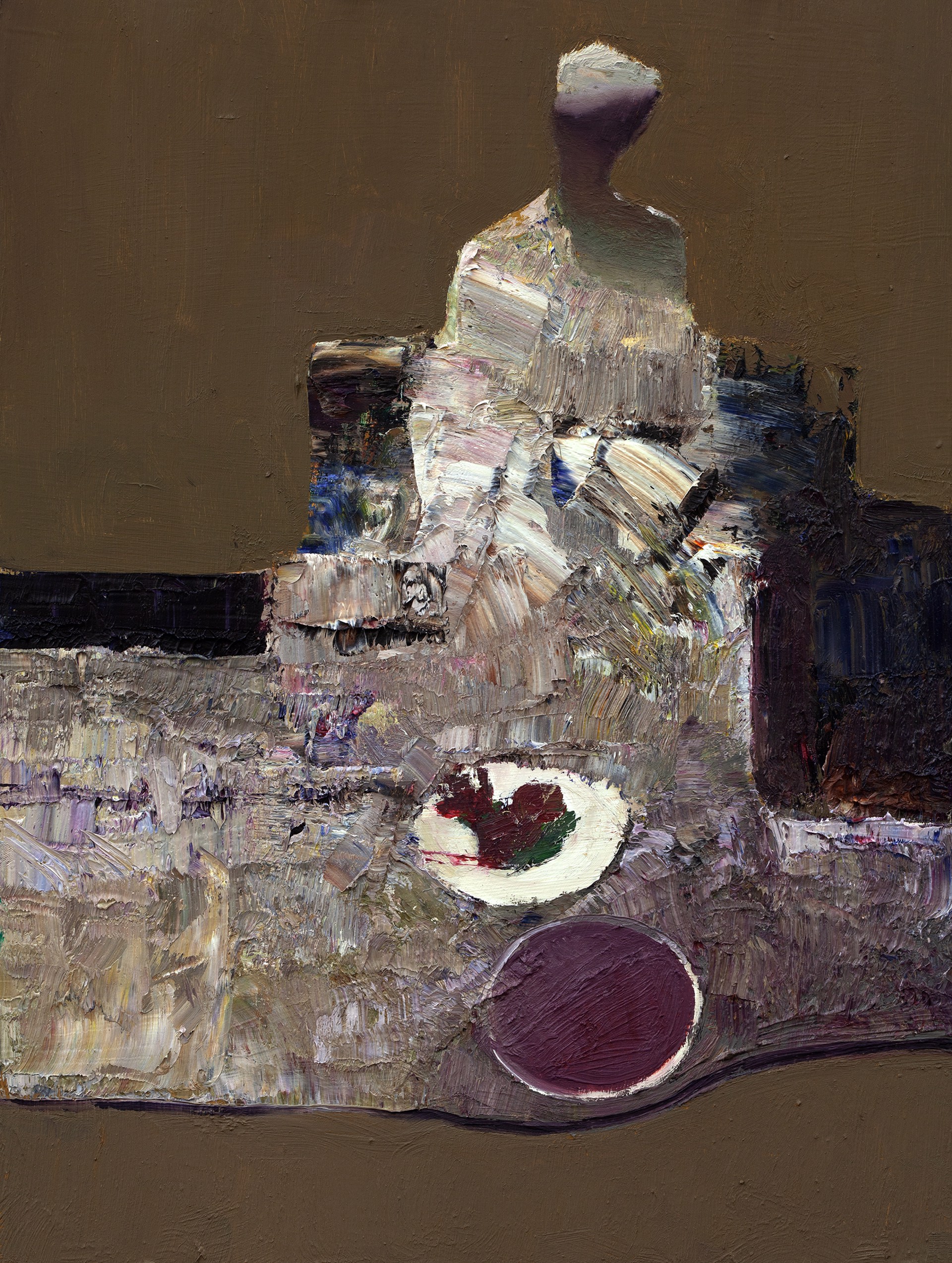 A textured painting of a seated figure with a plate of fruit and a red circle in the foreground.