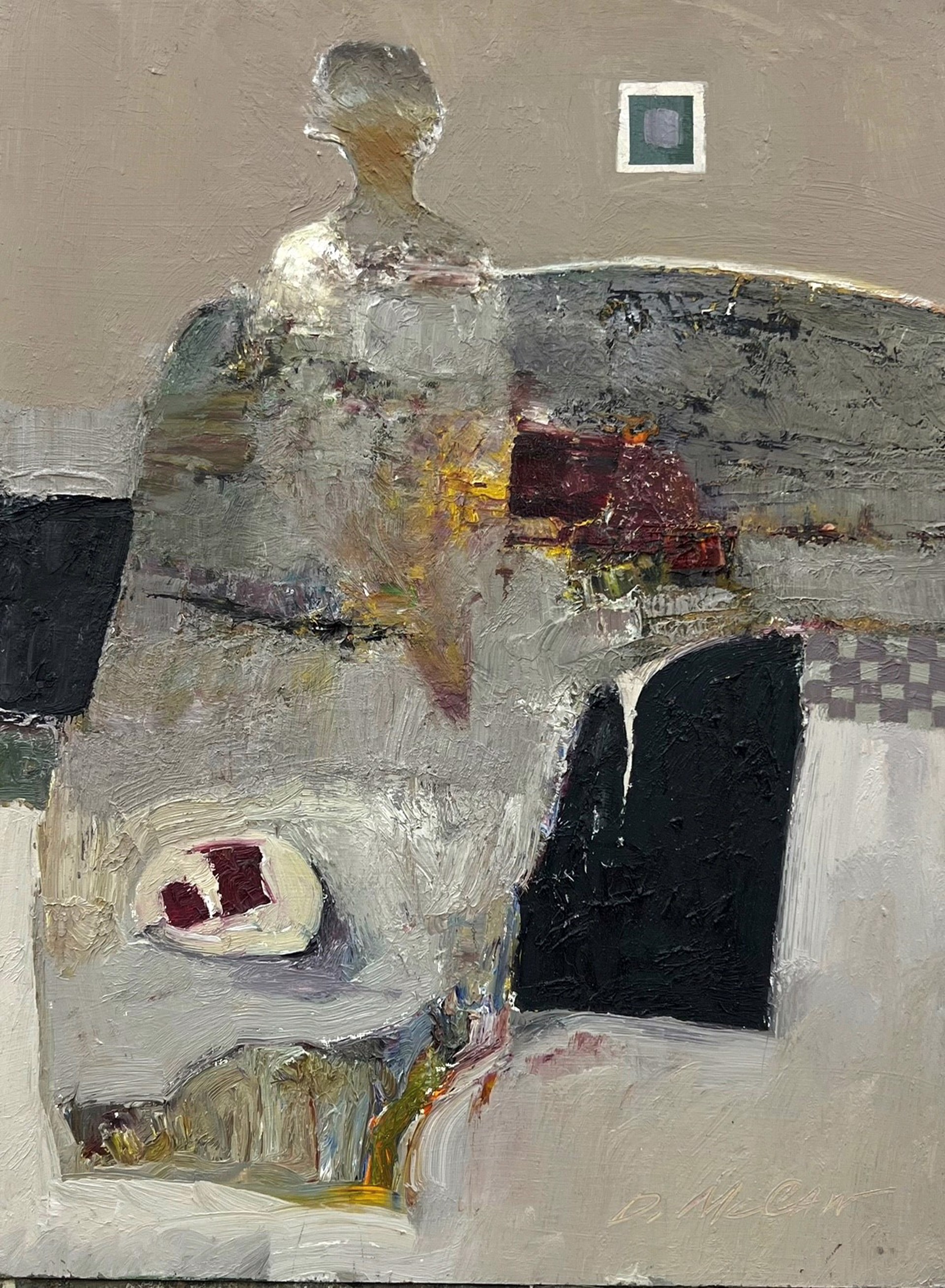 A textured, abstract painting featuring a central figure and fragmented geometric shapes.