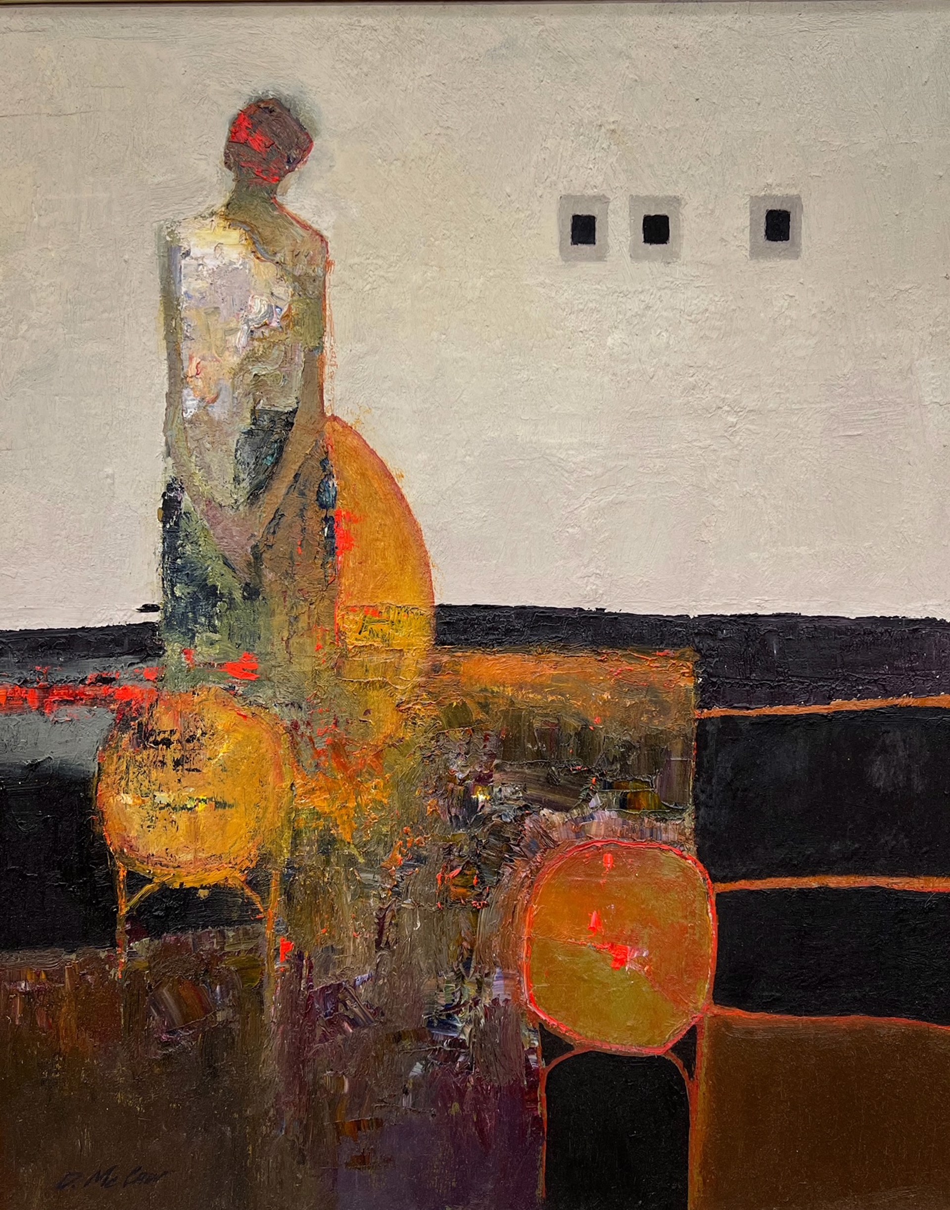 A painting of a woman standing in front of a wall.