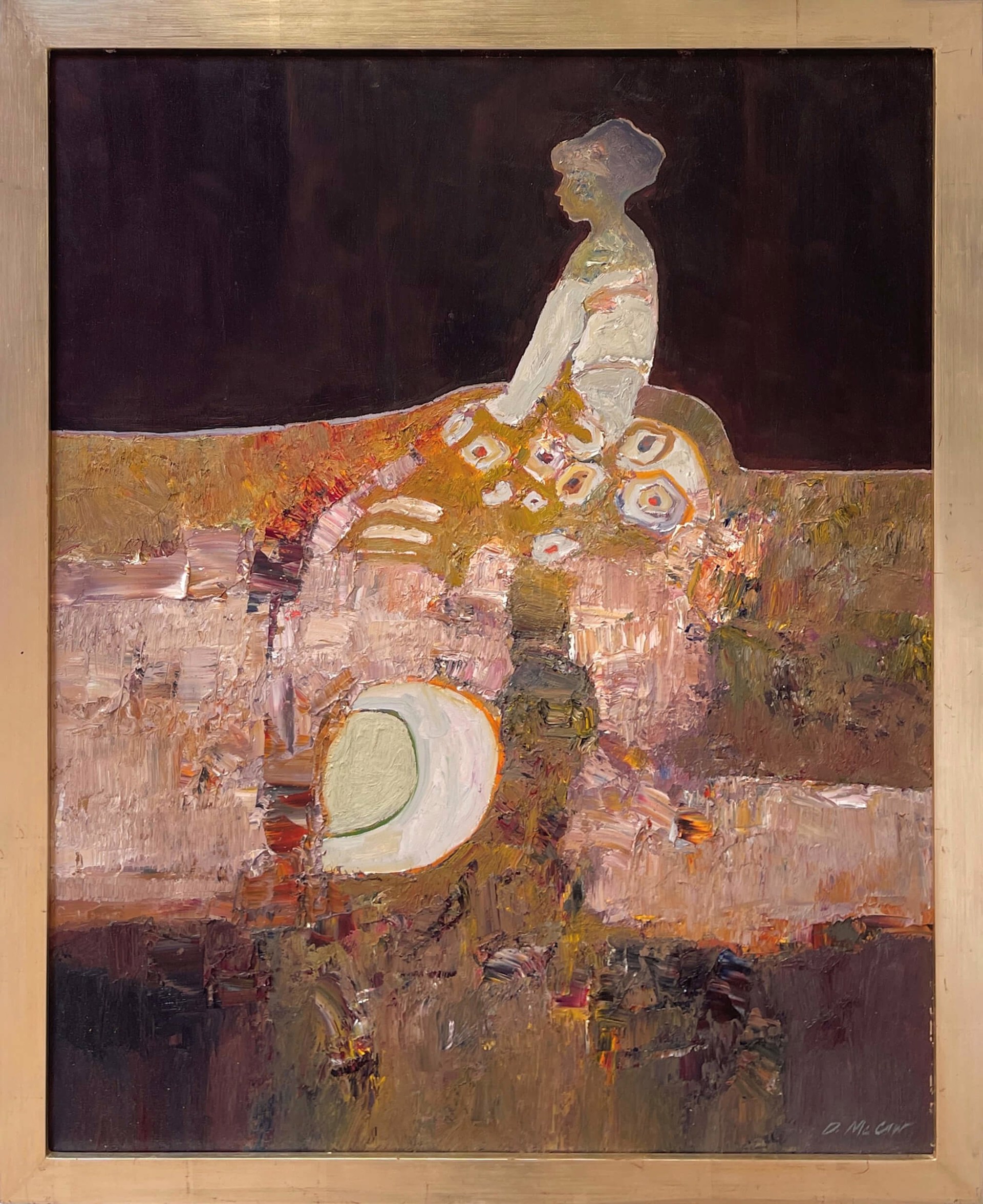 A painting of a woman sitting on a bench.