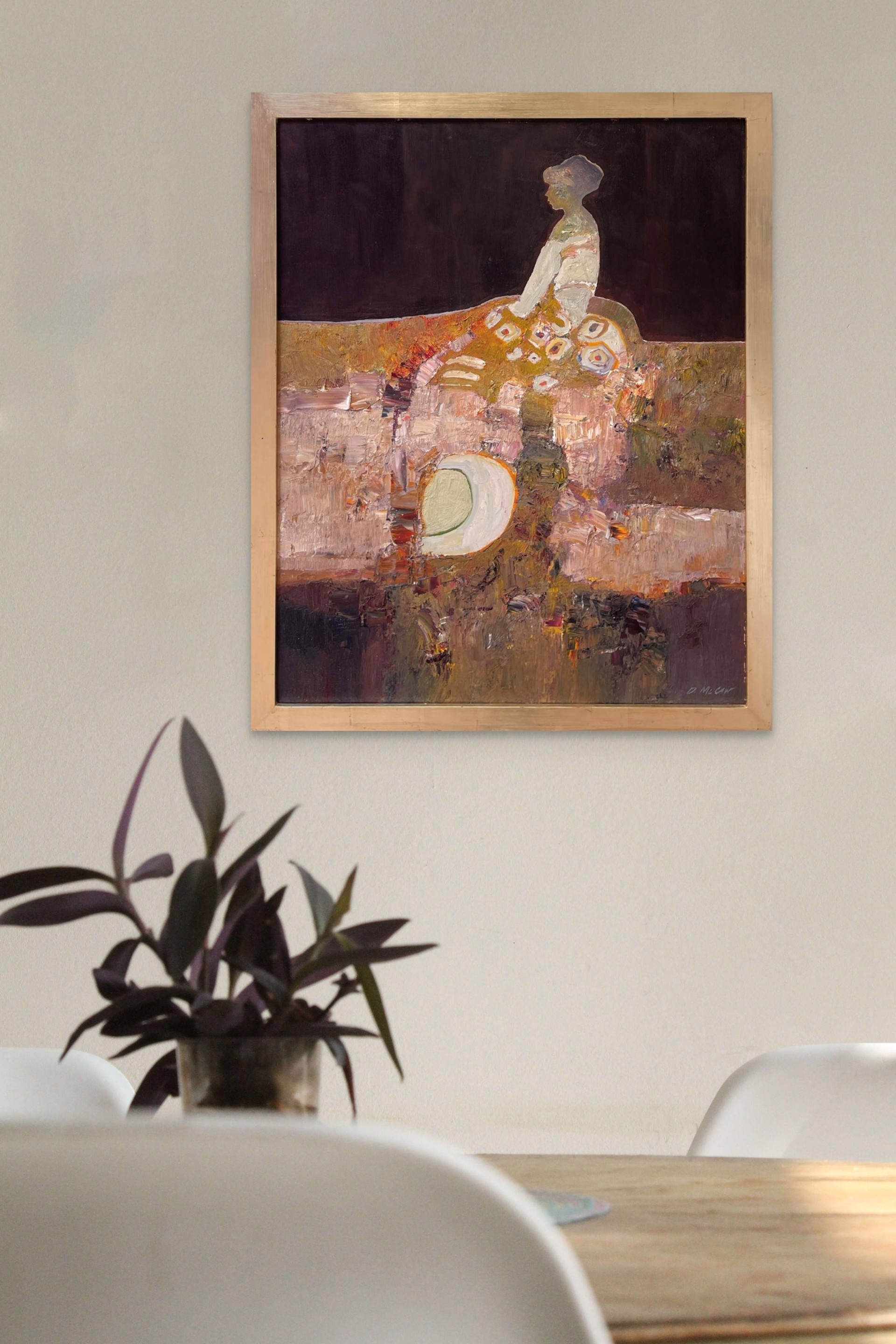 A painting of a woman sitting on a bench.