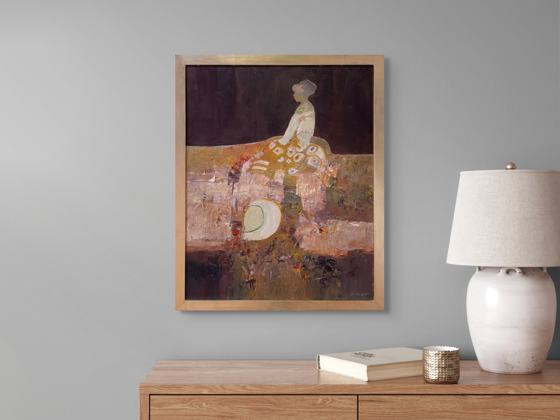 A painting of a woman sitting on a bench.