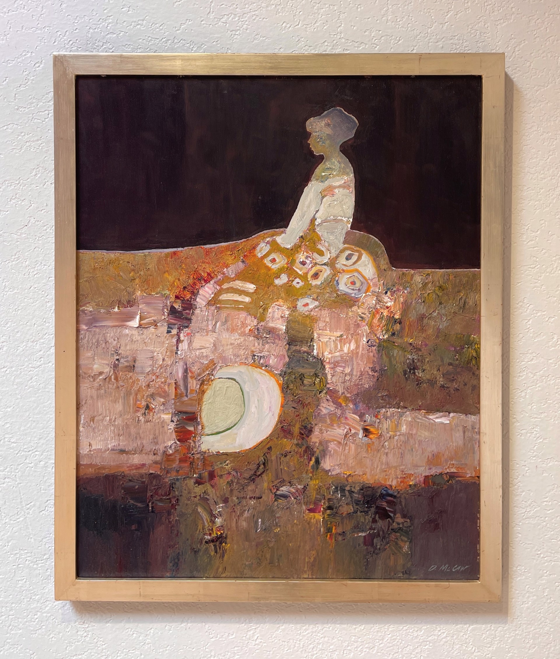 A painting of a woman sitting on a bench.