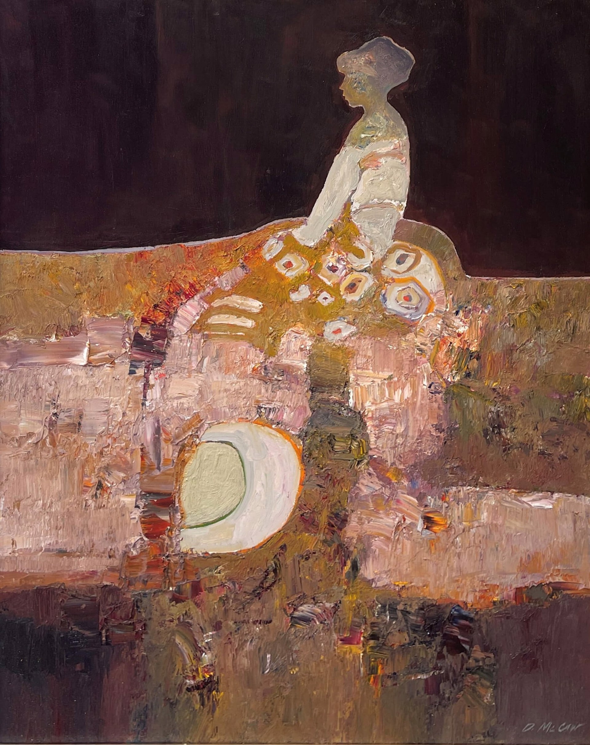 A painting of a woman sitting on a bench.