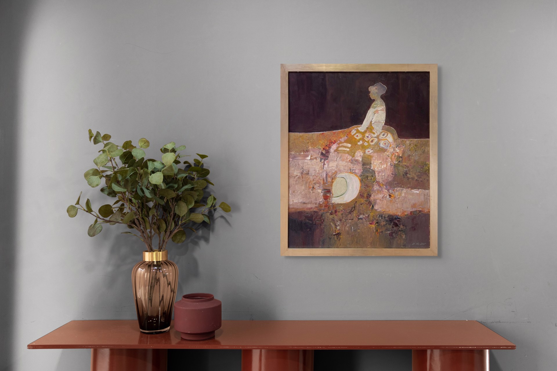 A painting of a woman sitting on a bench.