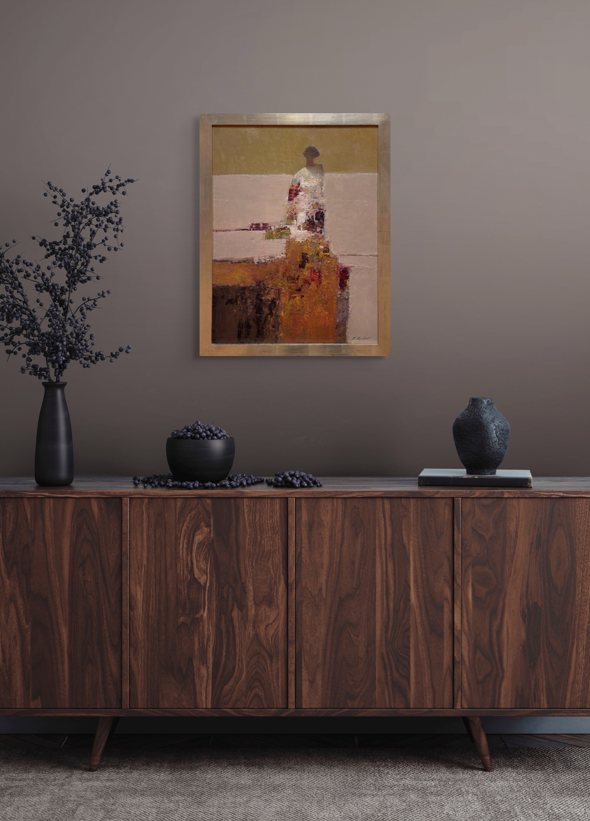 A painting of a woman sitting on a ledge.