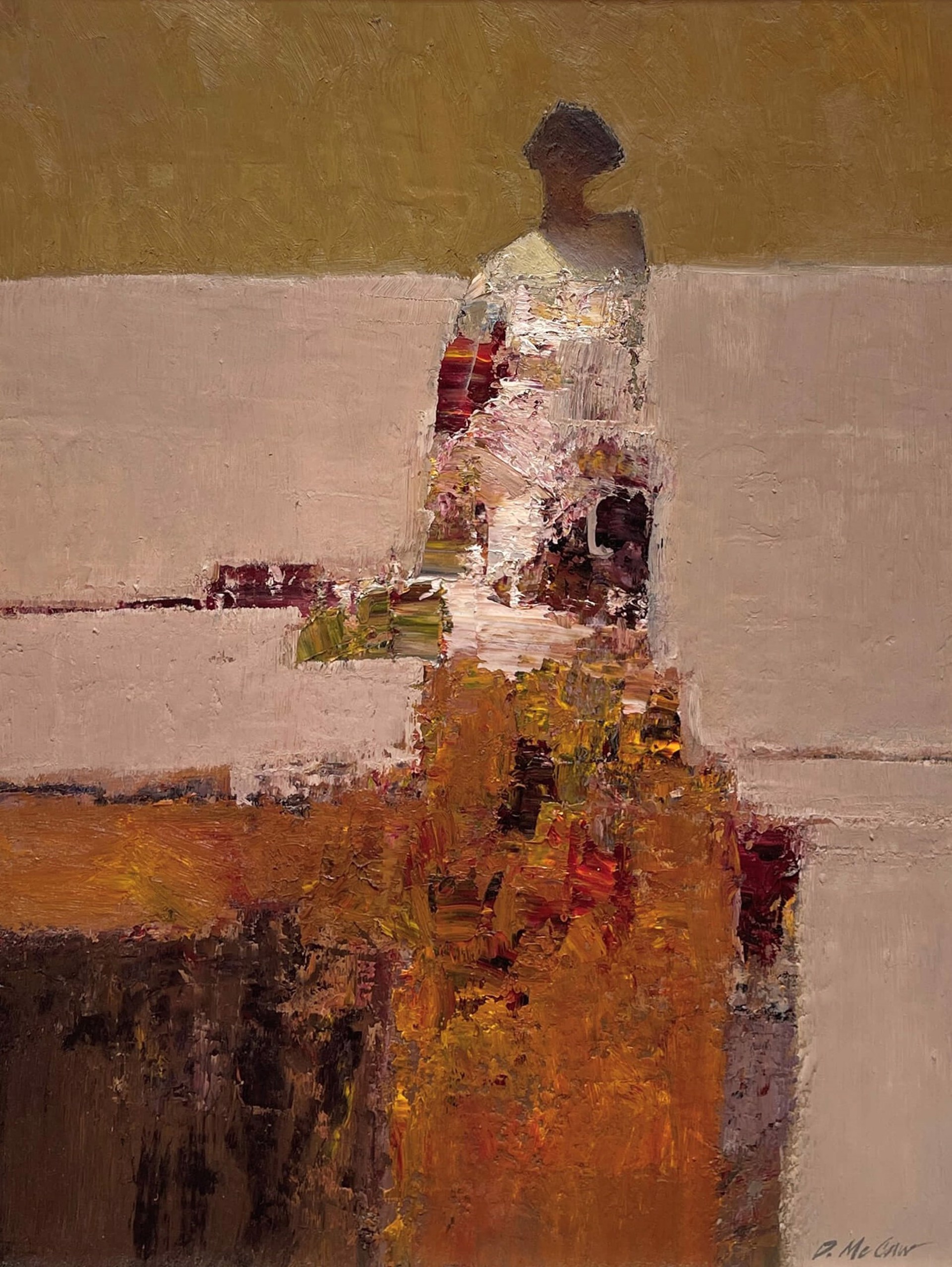 A painting of a woman sitting on a ledge.