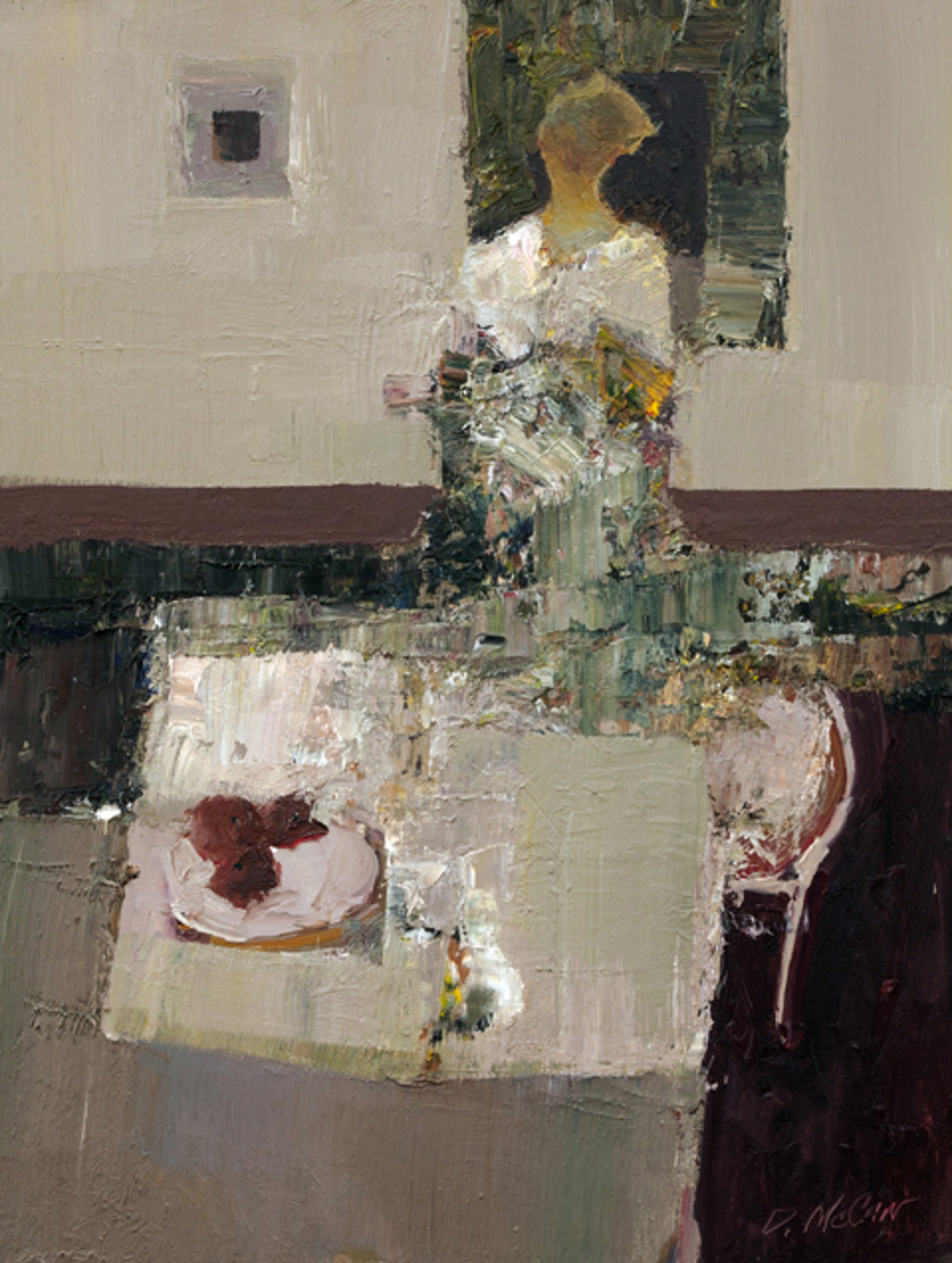 A textured interior scene featuring a person holding flowers and a table with a pastry.