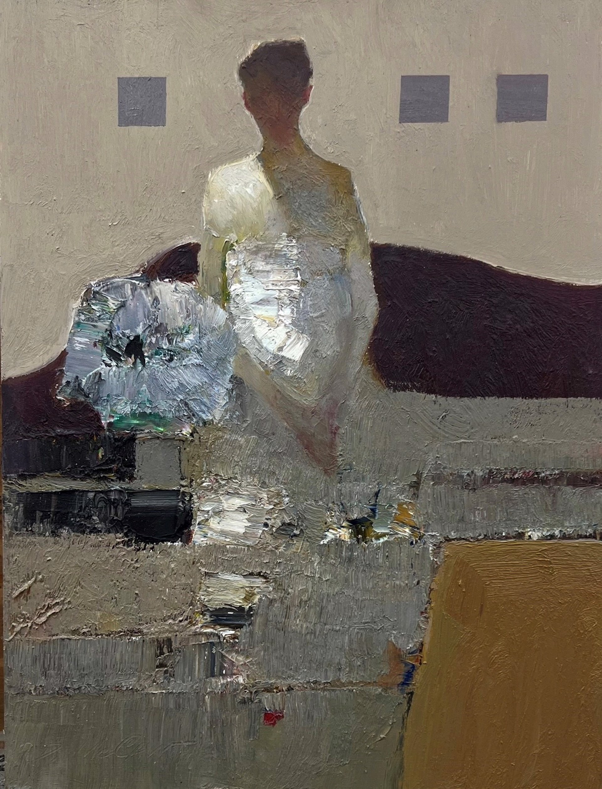 A textured painting of a figure in white against a neutral background with abstract shapes.